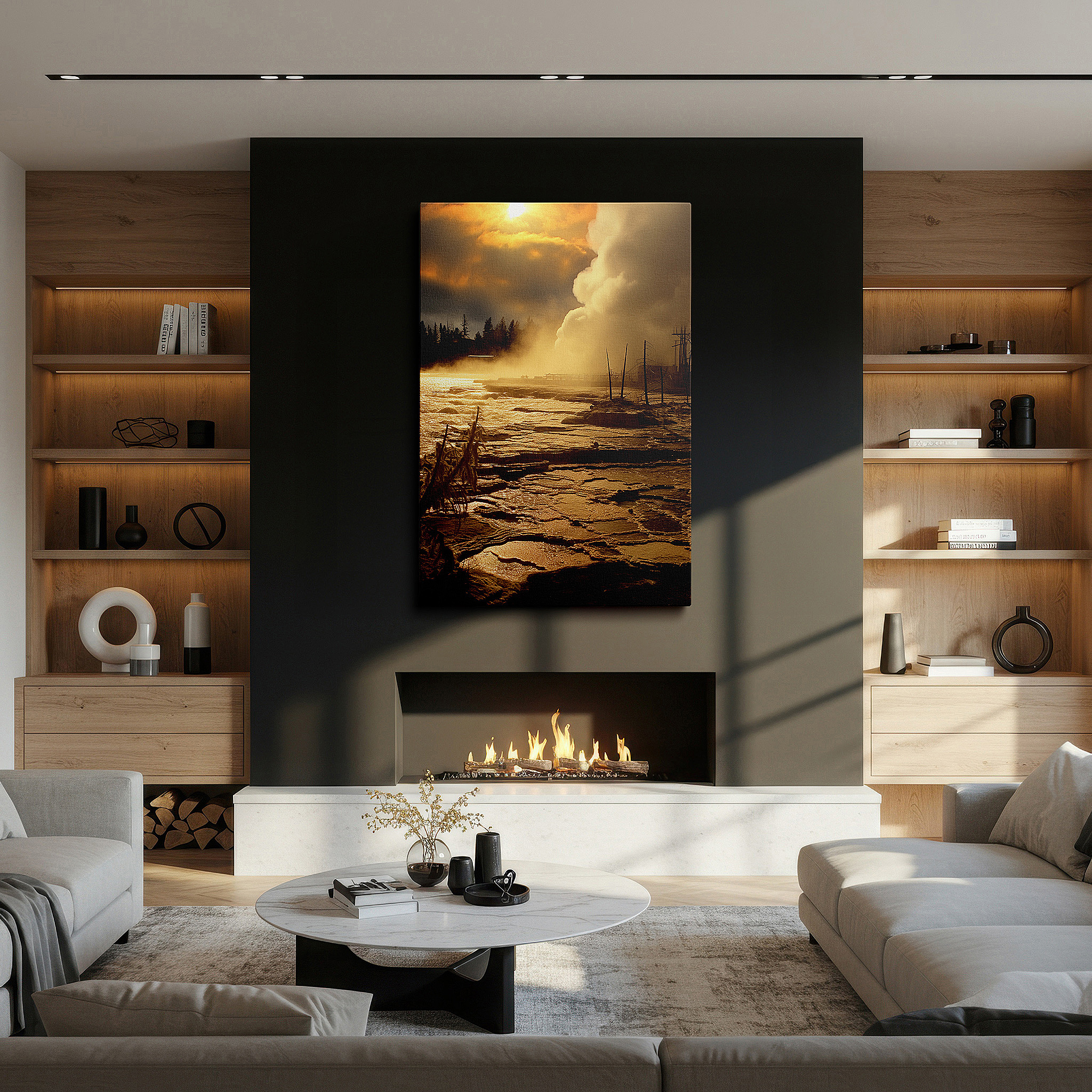 Aligned with a curated gallery wall of abstract artworks — sunrise embrace - transforming the ordinary with golden light and mist large wall art, canvas wall art, wall decor for office