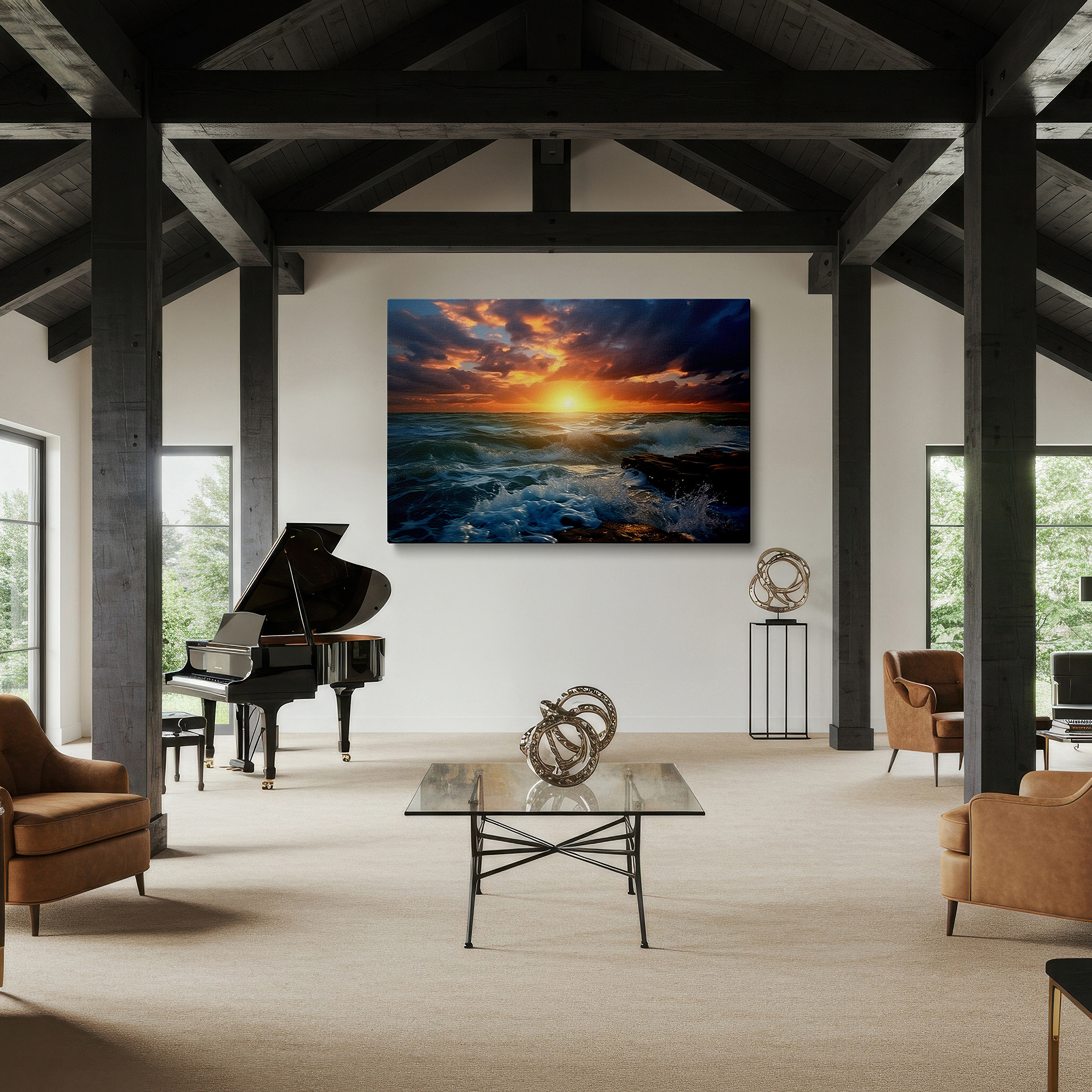 Aligned with a curated gallery wall of abstract artworks — sunset embraces the horizon: fiery waves and rugged shores large wall art, canvas wall art, wall decor for office, bedroom, and living room
