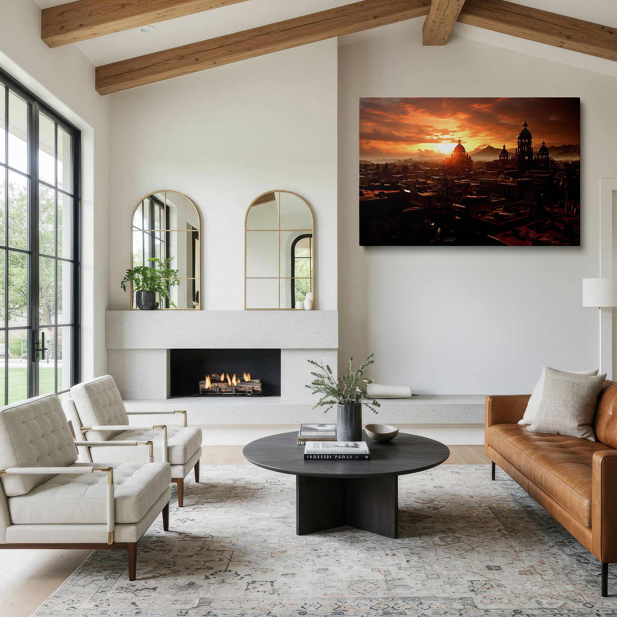 Aligned with a curated gallery wall of abstract artworks — sunset over the historic city: a canvas of fiery skies and timeless silhouettes - large wall art for office and bedroom decor