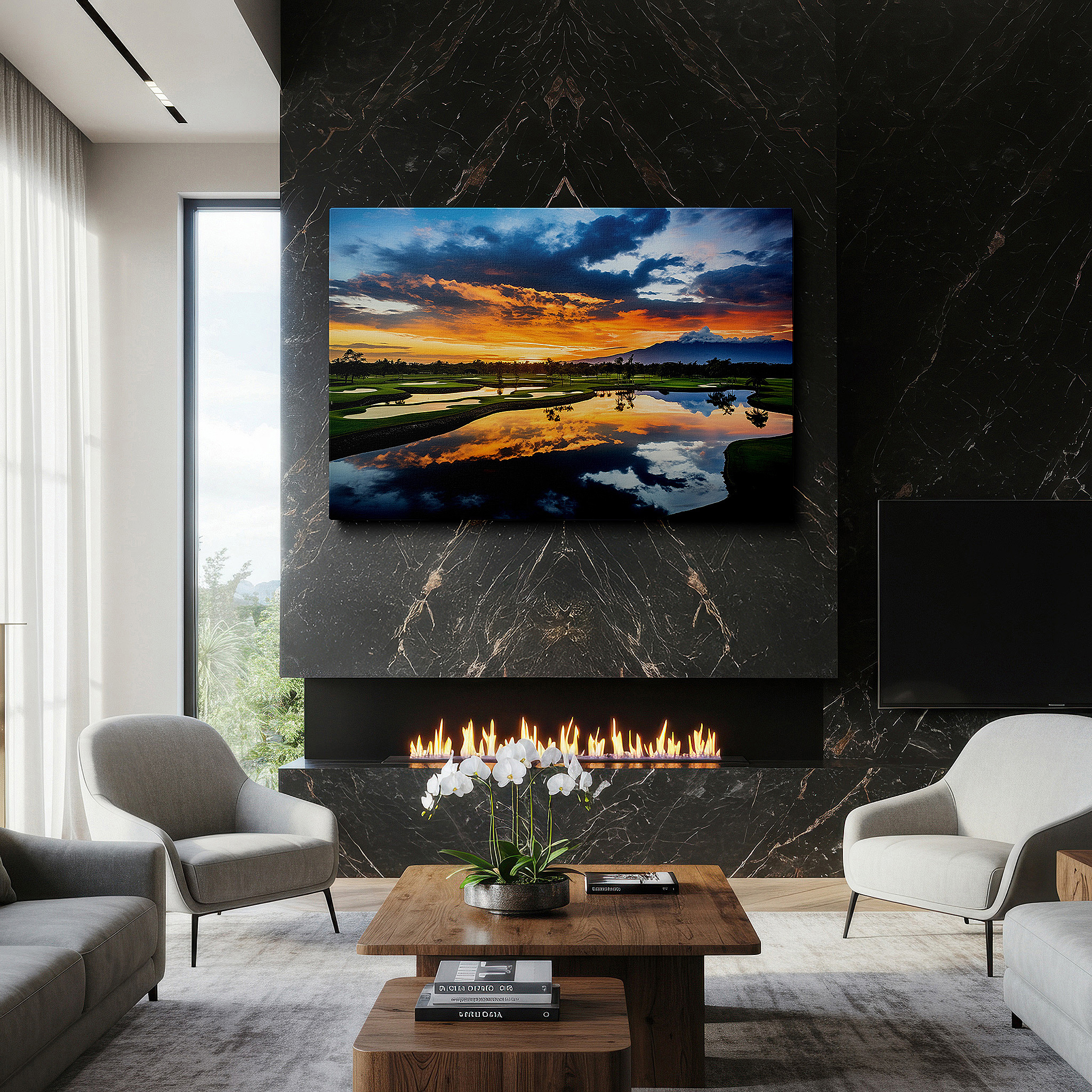 Aligned with a curated gallery wall of abstract artworks — sunset serenity on the golf course - tranquil landscape masterpiece, large canvas wall art for office and bedroom decor