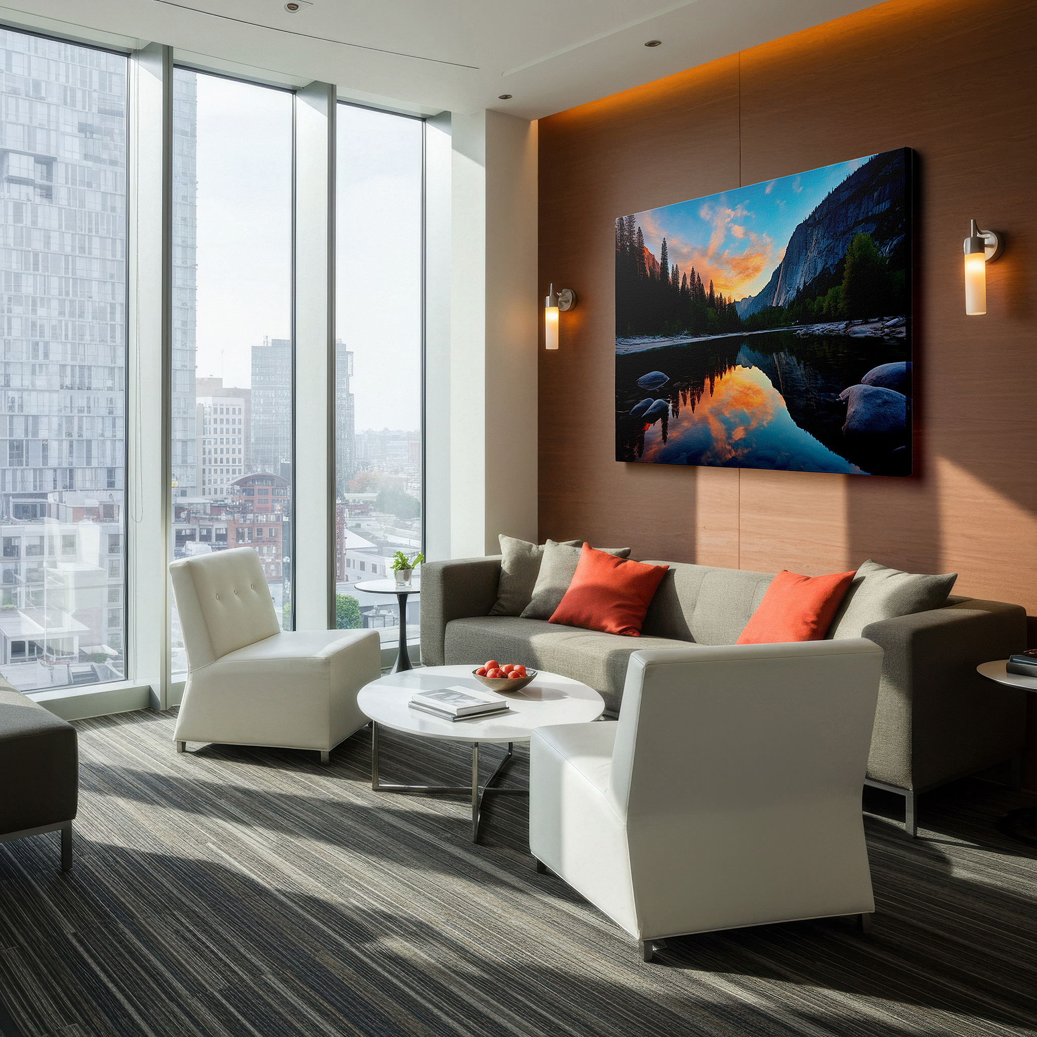 Aligned with a curated gallery wall of abstract artworks — sunset serenity over tranquil mountain lake: large canvas wall art depicting nature's peaceful grandeur for home and office decor