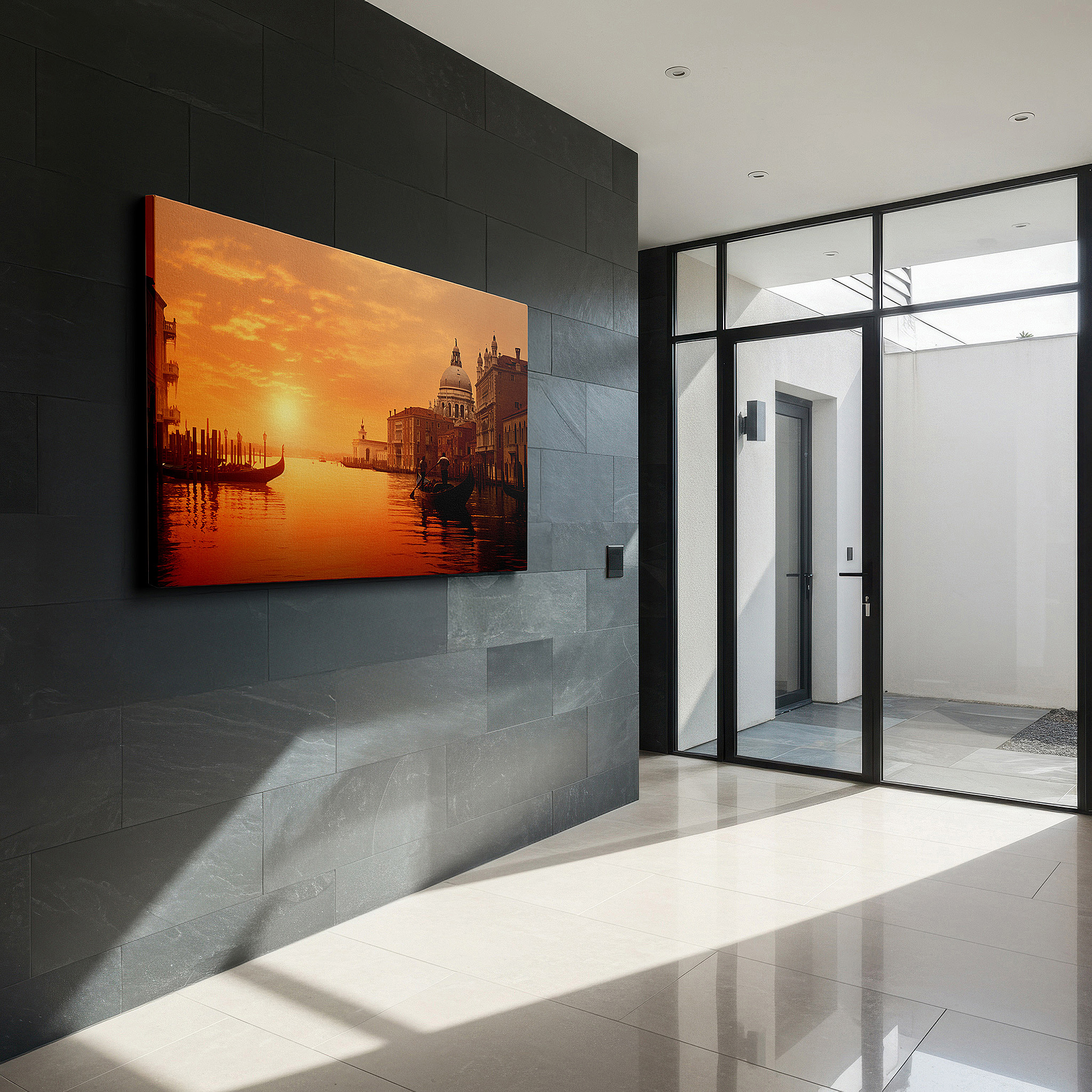 Aligned with a curated gallery wall of abstract artworks — sunset over venice wall art: serene canalscape with gondolas and gothic architecture - large canvas art for home and office decor