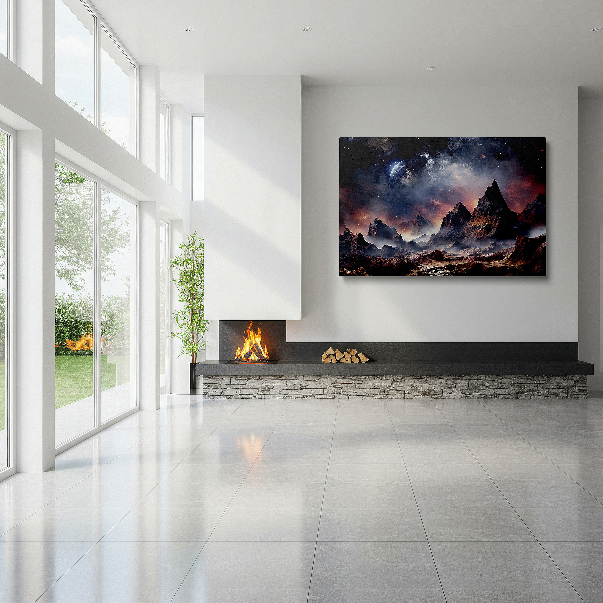 Aligned with a curated gallery wall of abstract artworks — surreal alien landscape wall art: ethereal mountains and cosmic splendor - large canvas art for office and bedroom decor