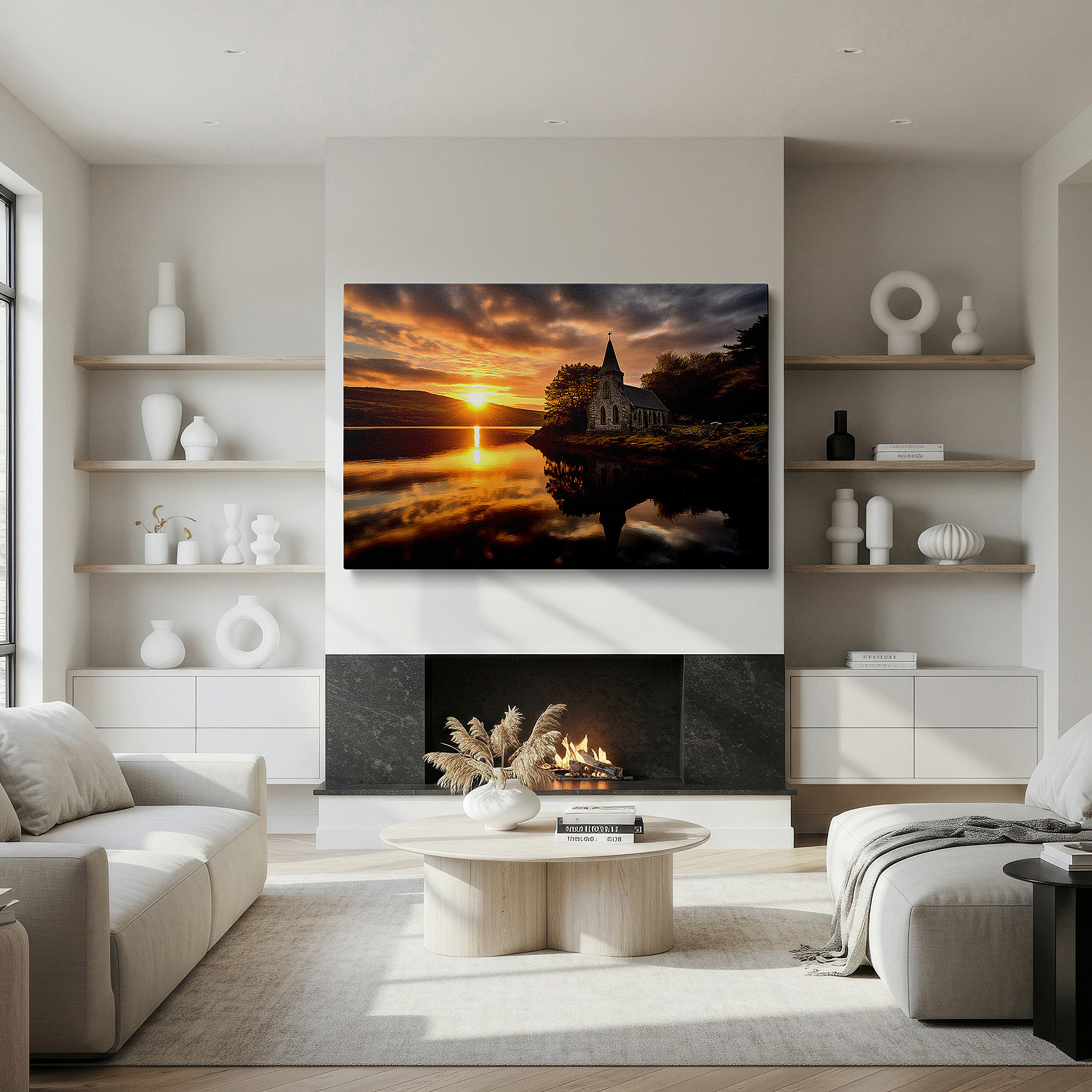 Aligned with a curated gallery wall of abstract artworks — tranquil church by the lake at sunset: large canvas wall art depicting serene natural beauty - ideal for office and bedroom decor