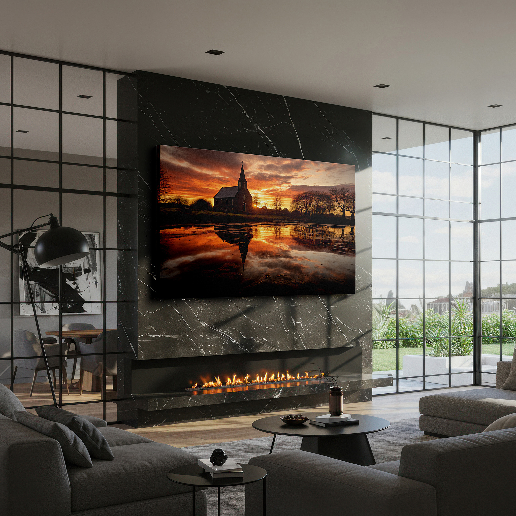 Aligned with a curated gallery wall of abstract artworks — tranquil church silhouette against a vibrant sunset: spiritual beauty large wall art, canvas wall art, wall decor for office