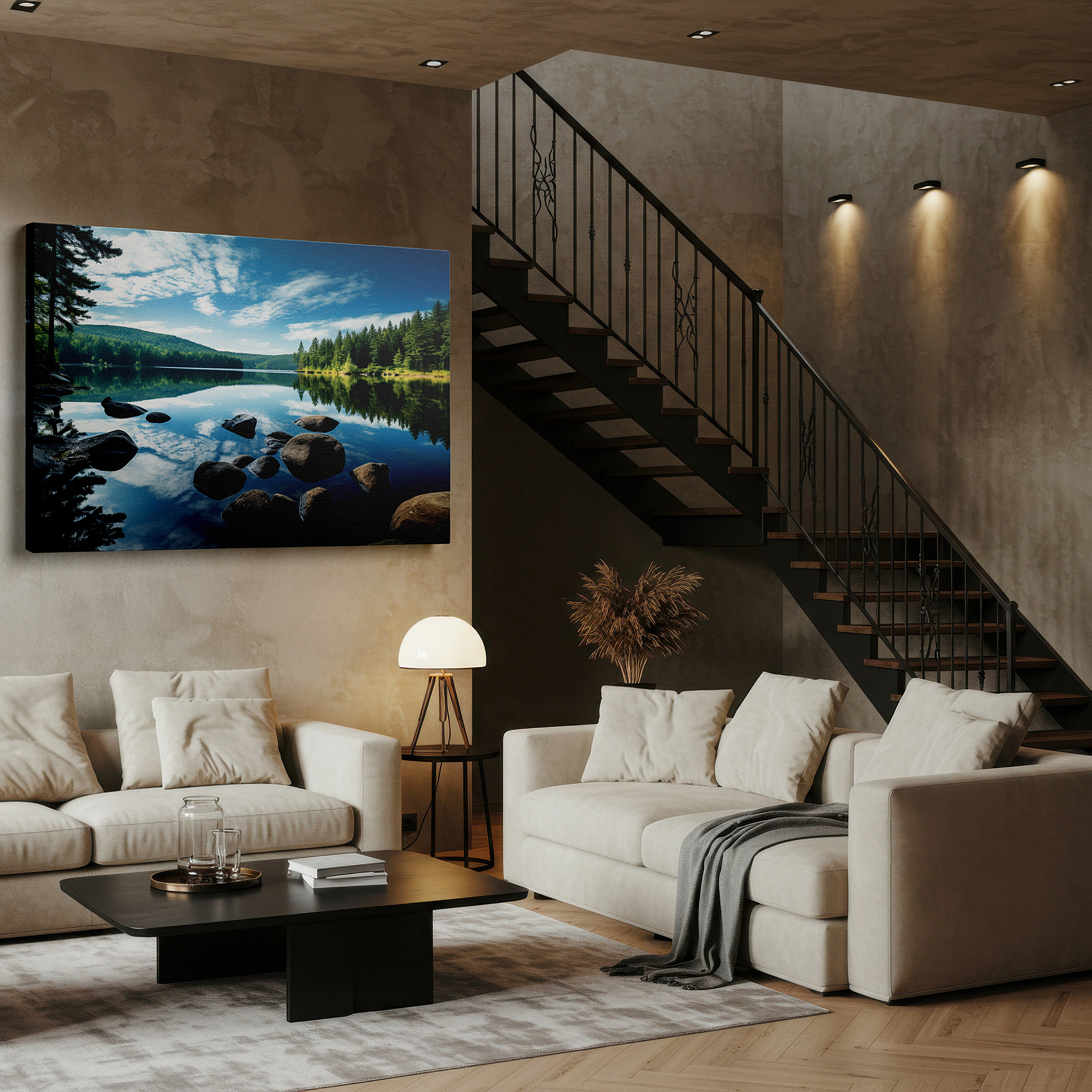 Aligned with a curated gallery wall of abstract artworks — tranquil lake reflections with lush greenery and smooth dark rocks large wall art, canvas wall art, wall decor for office and bedroom