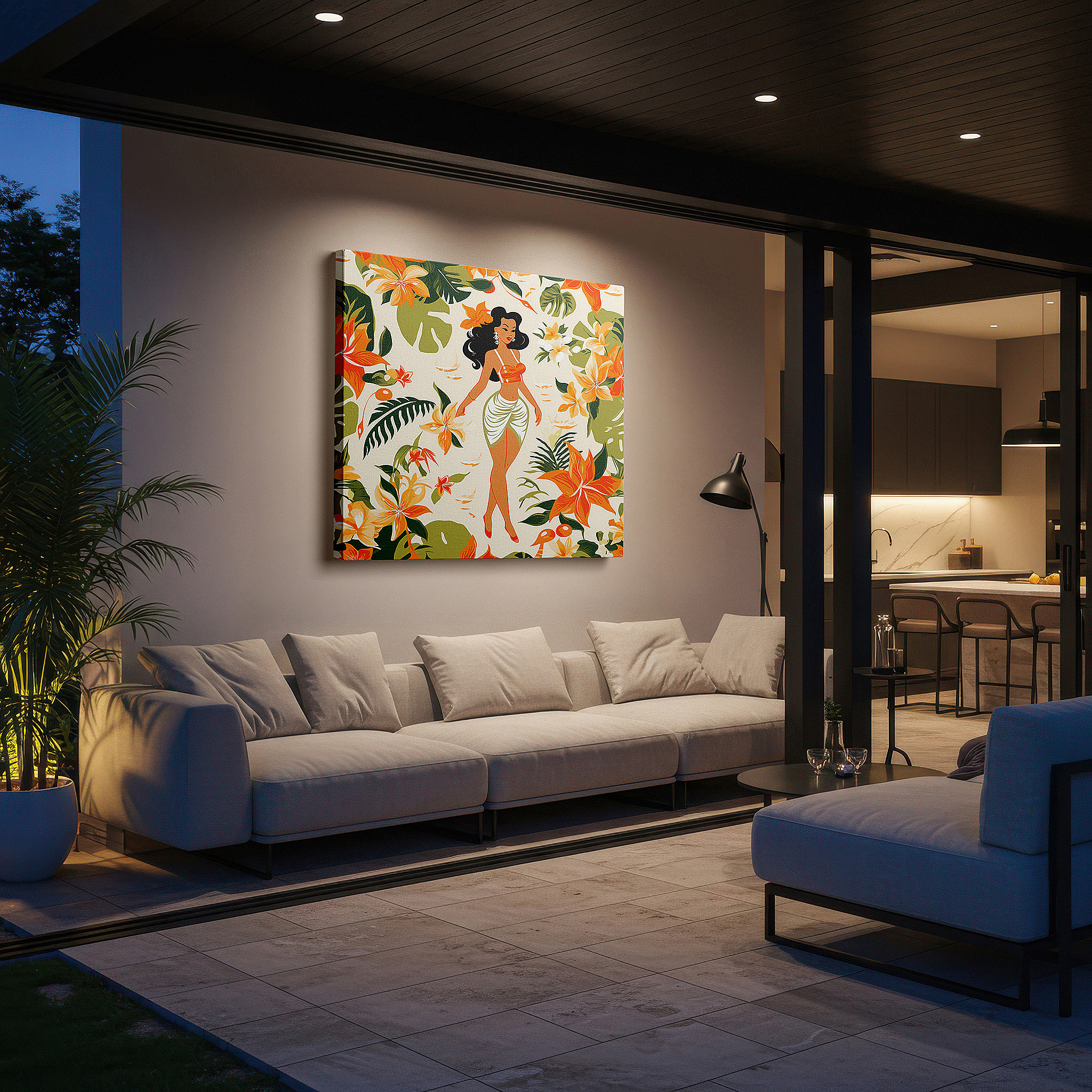 Aligned with a curated gallery wall of abstract artworks — tropical paradise wall art featuring serene hawaiian woman - large canvas for office, bedroom, and living room decor