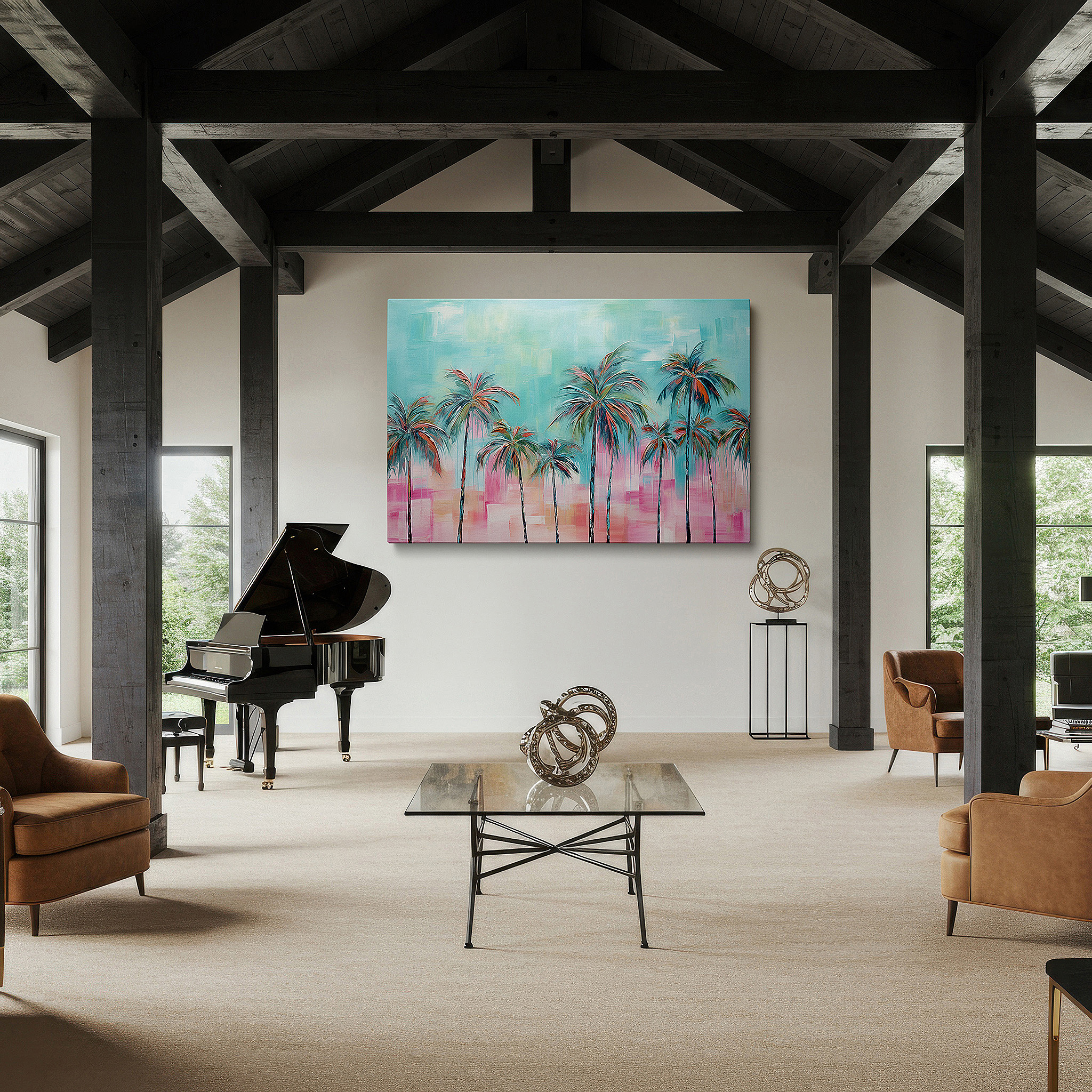 Aligned with a curated gallery wall of abstract artworks — tropical serenity: stylized palm trees and sunset mosaic large canvas wall art for office and bedroom decor