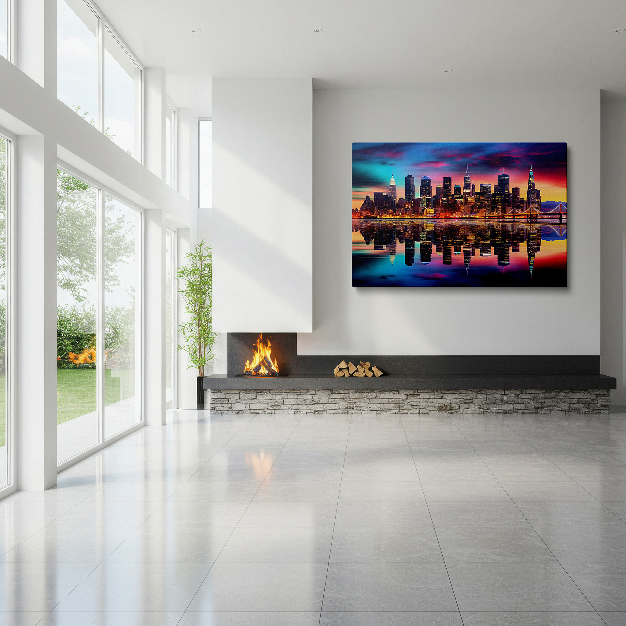 Aligned with a curated gallery wall of abstract artworks — urban skyline at sunset with reflective river: a fusion of historic and contemporary architecture - large canvas wall art for office decor