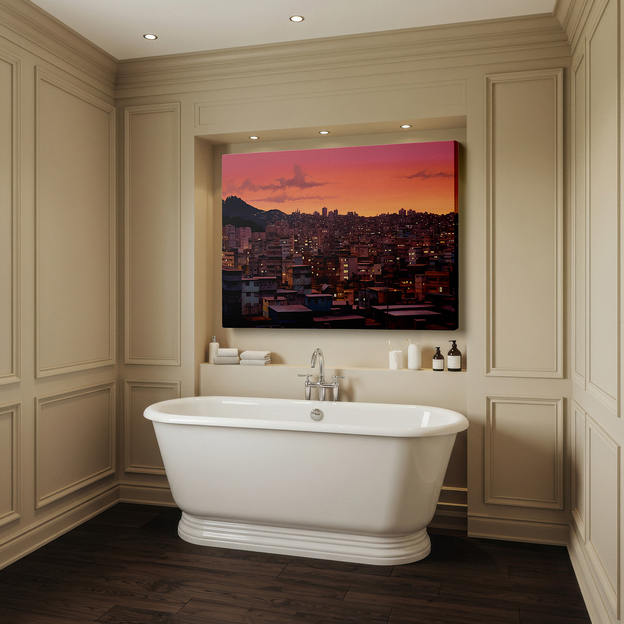 Aligned with a curated gallery wall of abstract artworks — urban twilight: dusk panorama - vibrant skies and lit skyscrapers, large canvas wall art for office decor