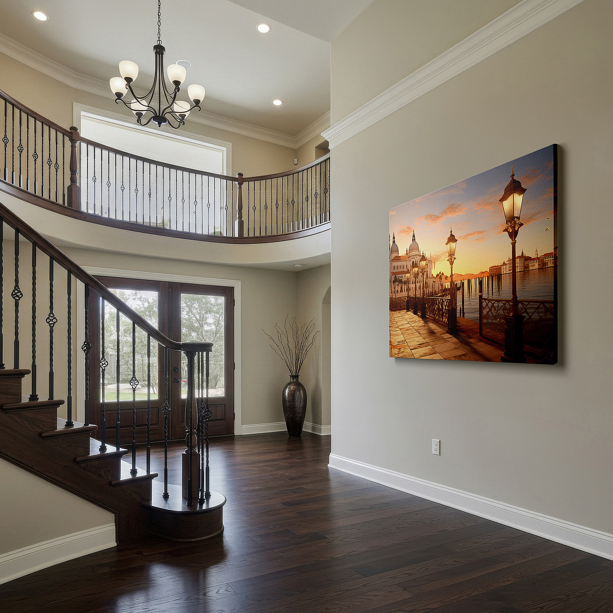 Aligned with a curated gallery wall of abstract artworks — venetian waterfront at dusk: a symphony of light and romance - large canvas wall art for office, bedroom, and living room decor