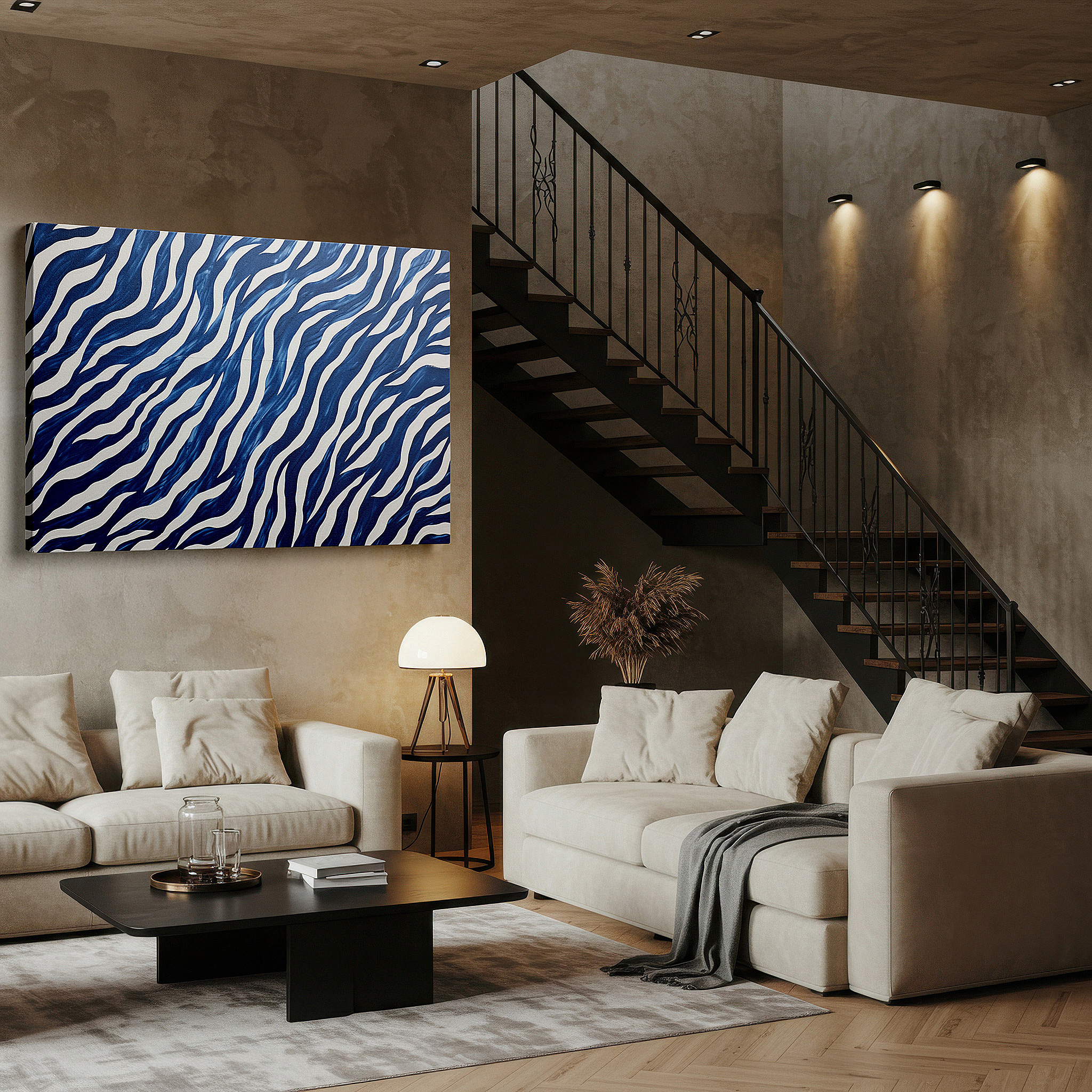 Aligned with a curated gallery wall of abstract artworks — vibrant blue and white zebra stripes in dynamic flow, contemporary abstract large wall art, canvas wall decor for office