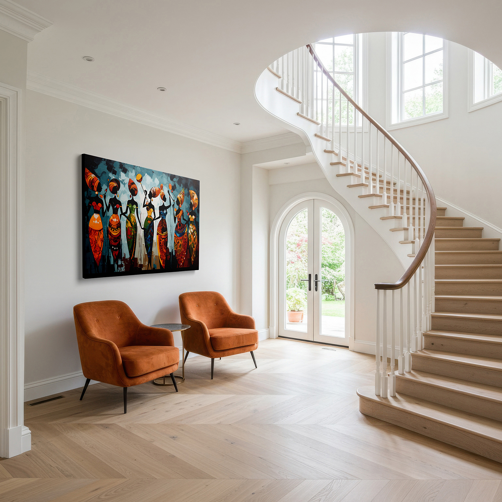 Aligned with a curated gallery wall of abstract artworks — vibrant celebration of cultural diversity: abstract traditional attire large wall art, canvas wall art, wall decor for office