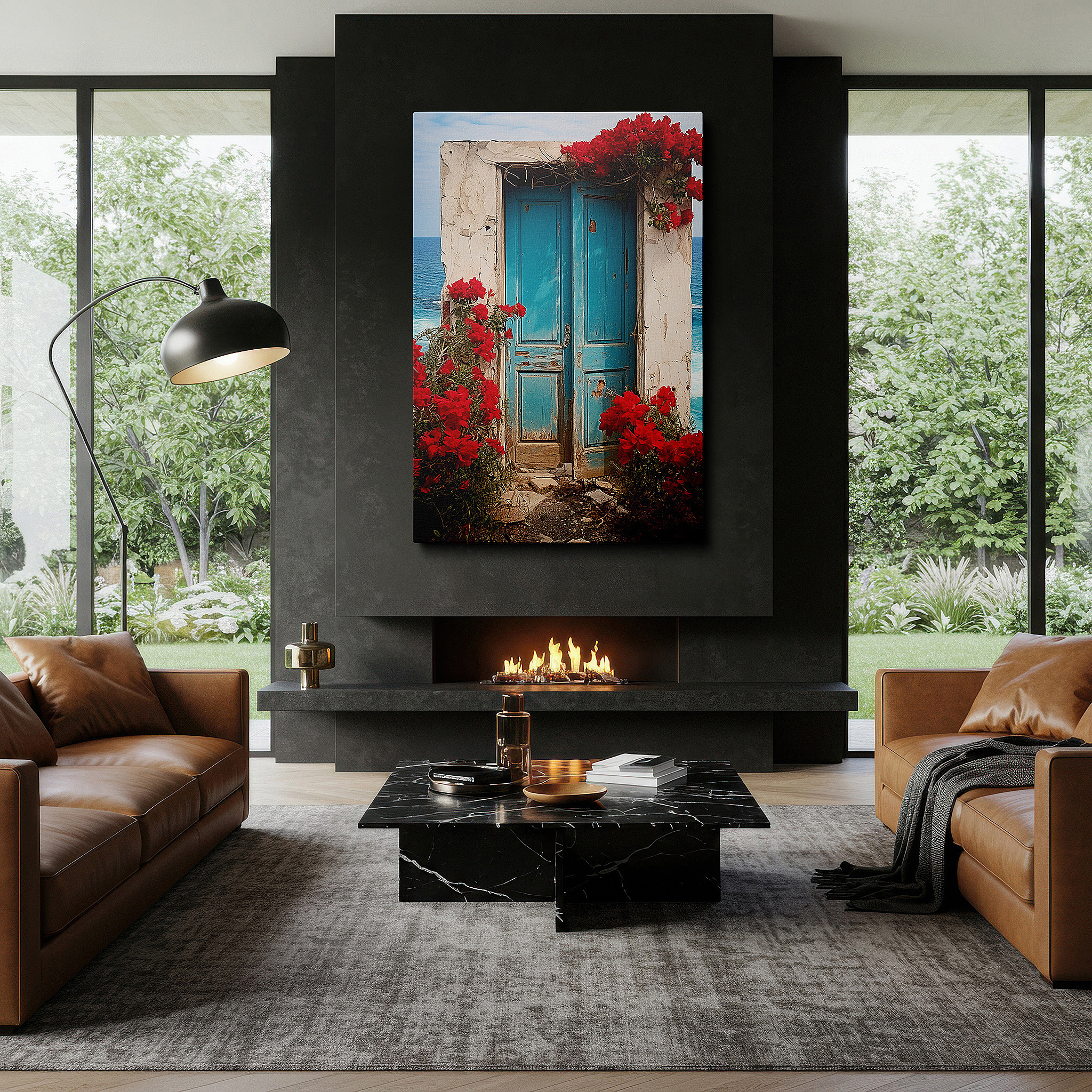 Aligned with a curated gallery wall of abstract artworks — wall art: ancient doorway to serenity - featuring vibrant flowers and a tranquil ocean vista. large canvas wall art for office and bedroom decor.