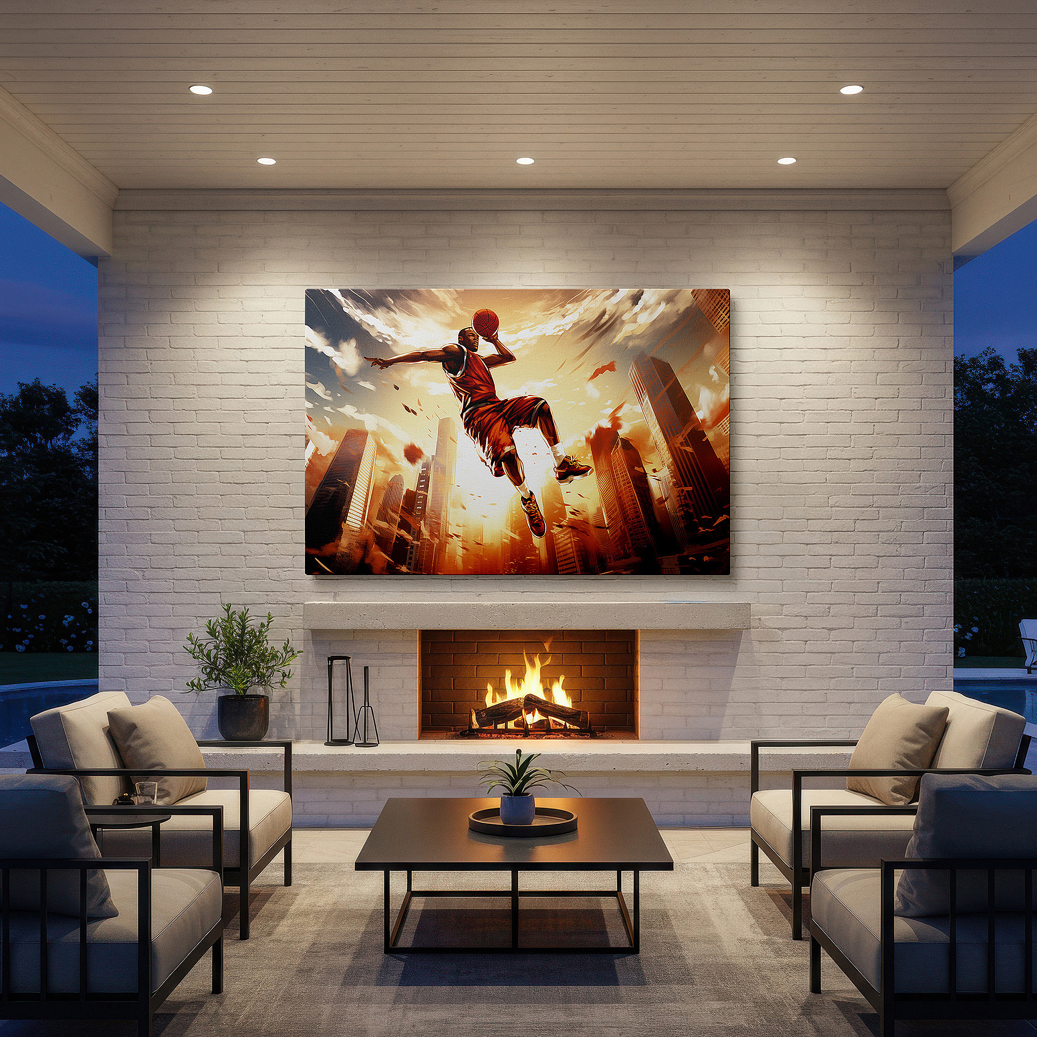 Aligned with a curated gallery wall of abstract artworks — wall art: athlete's sunset leap over urban skyline - a symbol of resilience and passion. large canvas wall art for office and bedroom decor.