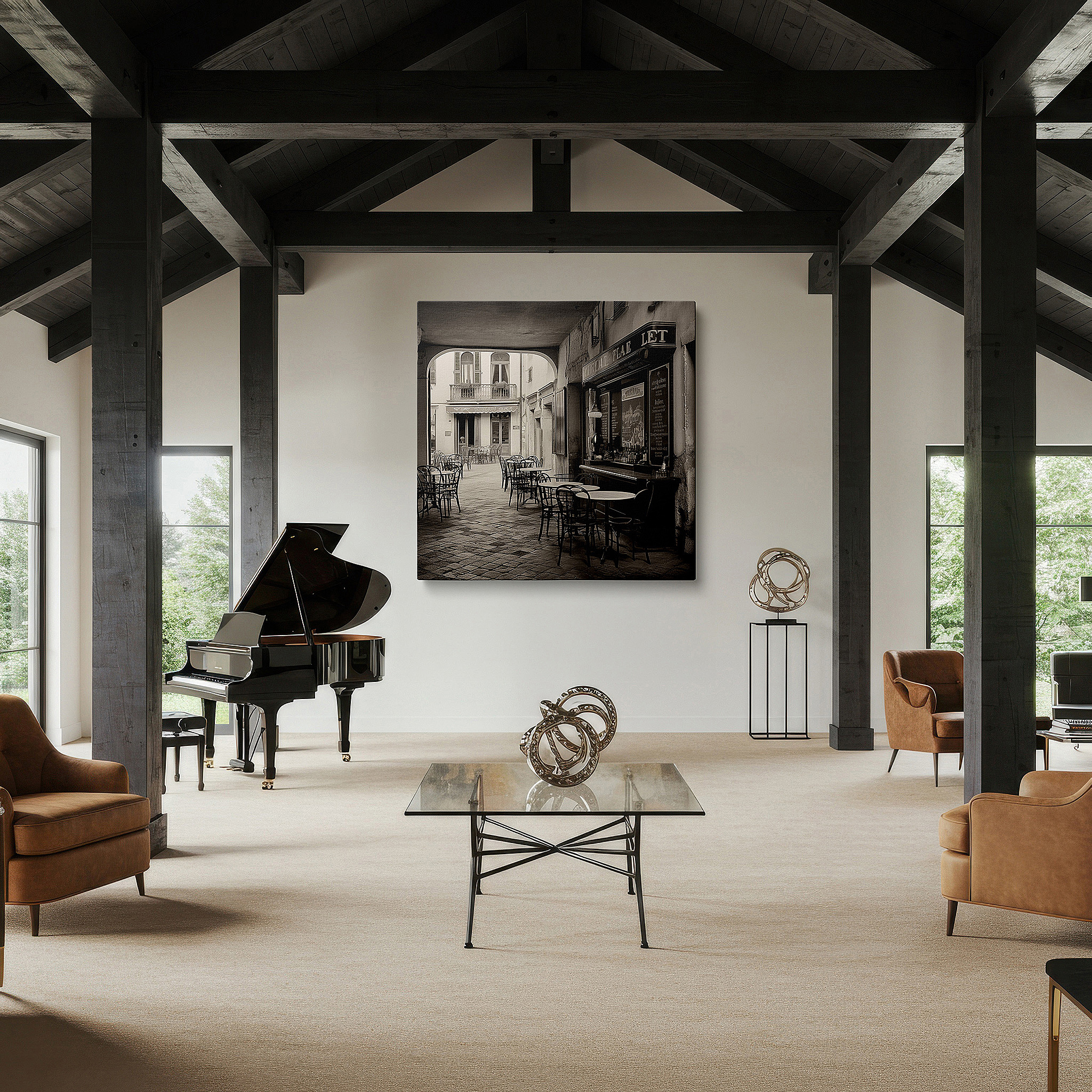 Aligned with a curated gallery wall of abstract artworks — wall art: experience timeless elegance with large canvas prints of a secluded european café - perfect for office, bedroom, or living room decor