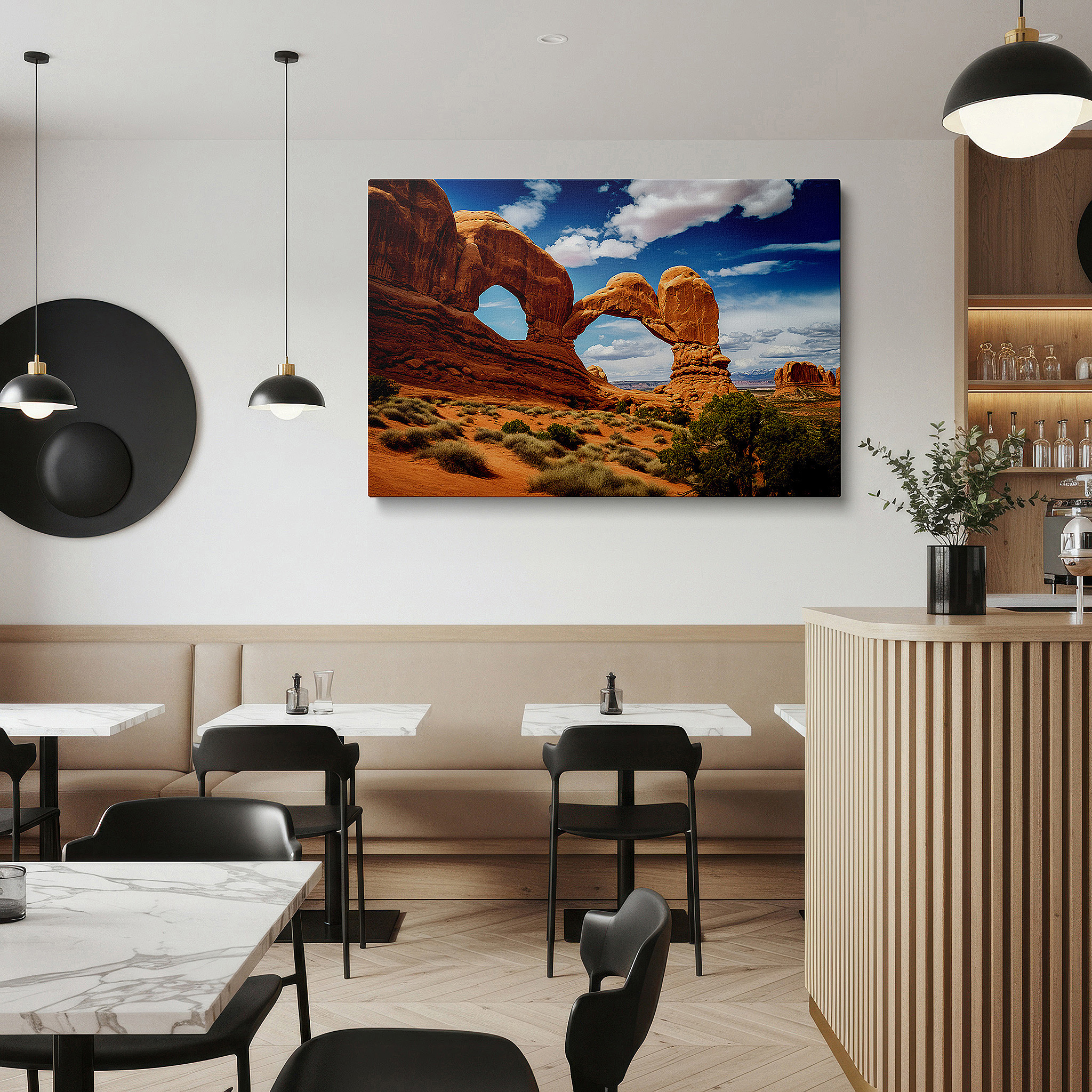 Aligned with a curated gallery wall of abstract artworks — wall art: majestic arches of arches national park - timeless natural beauty and serenity. large canvas wall art for home and office decor.