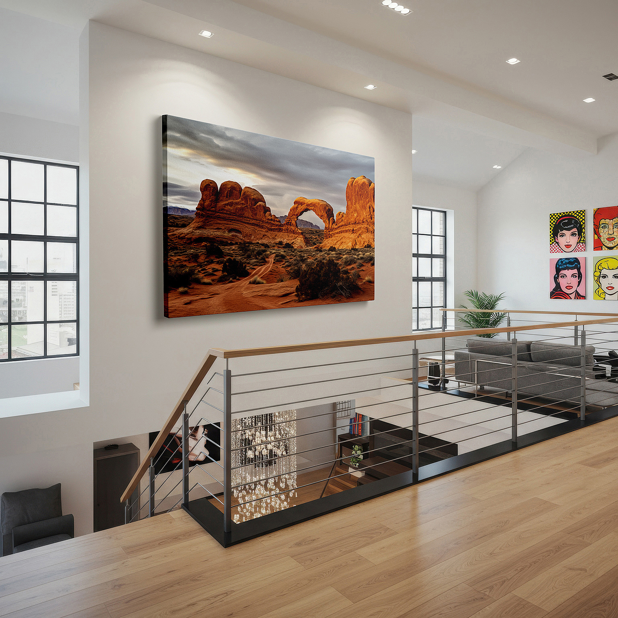 Aligned with a curated gallery wall of abstract artworks — wall art: majestic arches national park - timeless nature and dramatic skies. large canvas wall art for office and bedroom decor.