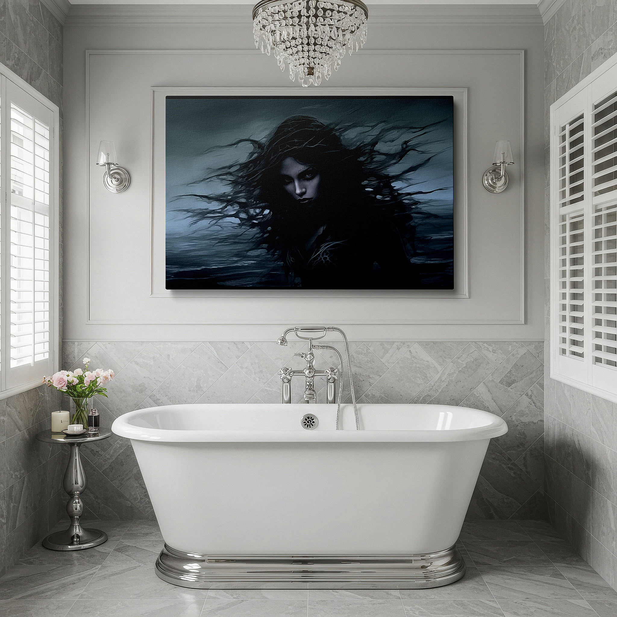 Aligned with a curated gallery wall of abstract artworks — wall art: "portrait of a woman amidst nature's fury" - emotive dance with the wild sea, large canvas art for home and office decor, perfect for living room and bedroom