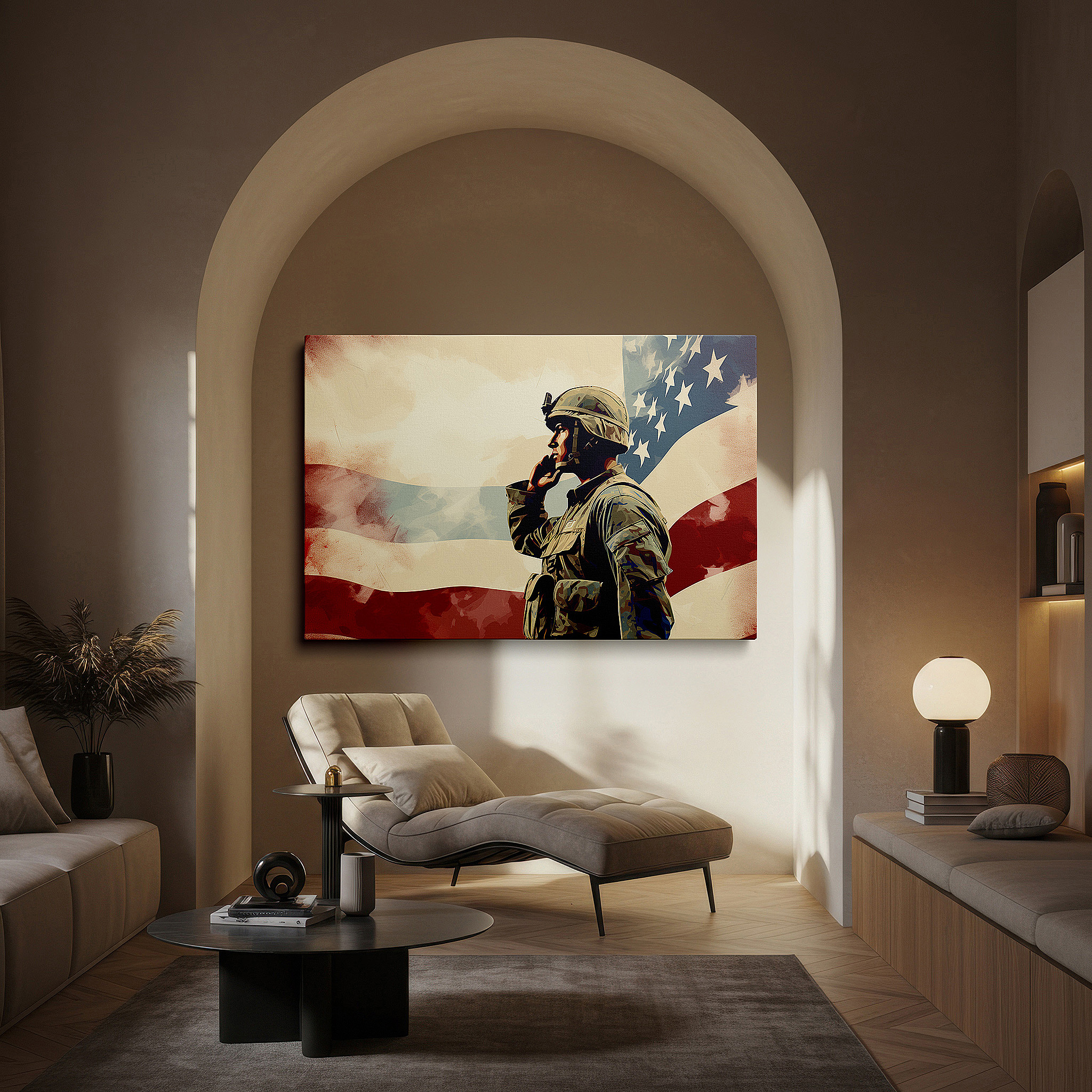 Aligned with a curated gallery wall of abstract artworks — wall art: saluting soldier with american flag - a tribute to national pride and honor. large canvas wall art for office decor.