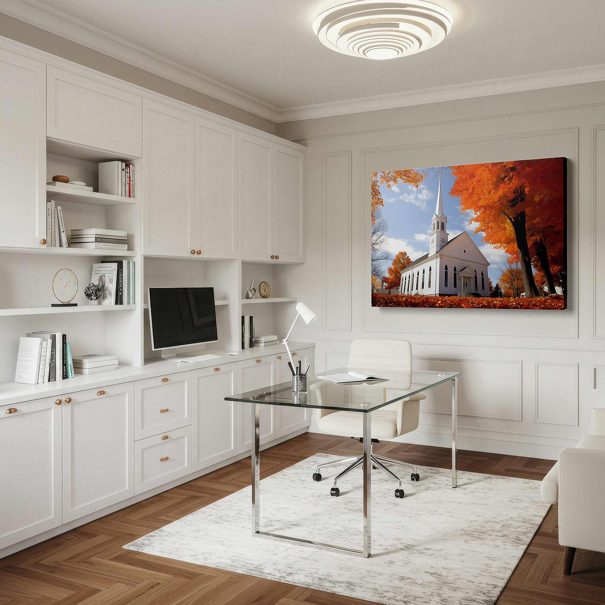 Aligned with a curated gallery wall of abstract artworks — wall art: serene autumn day featuring a charming white church surrounded by vibrant foliage - large canvas wall art for office and bedroom decor