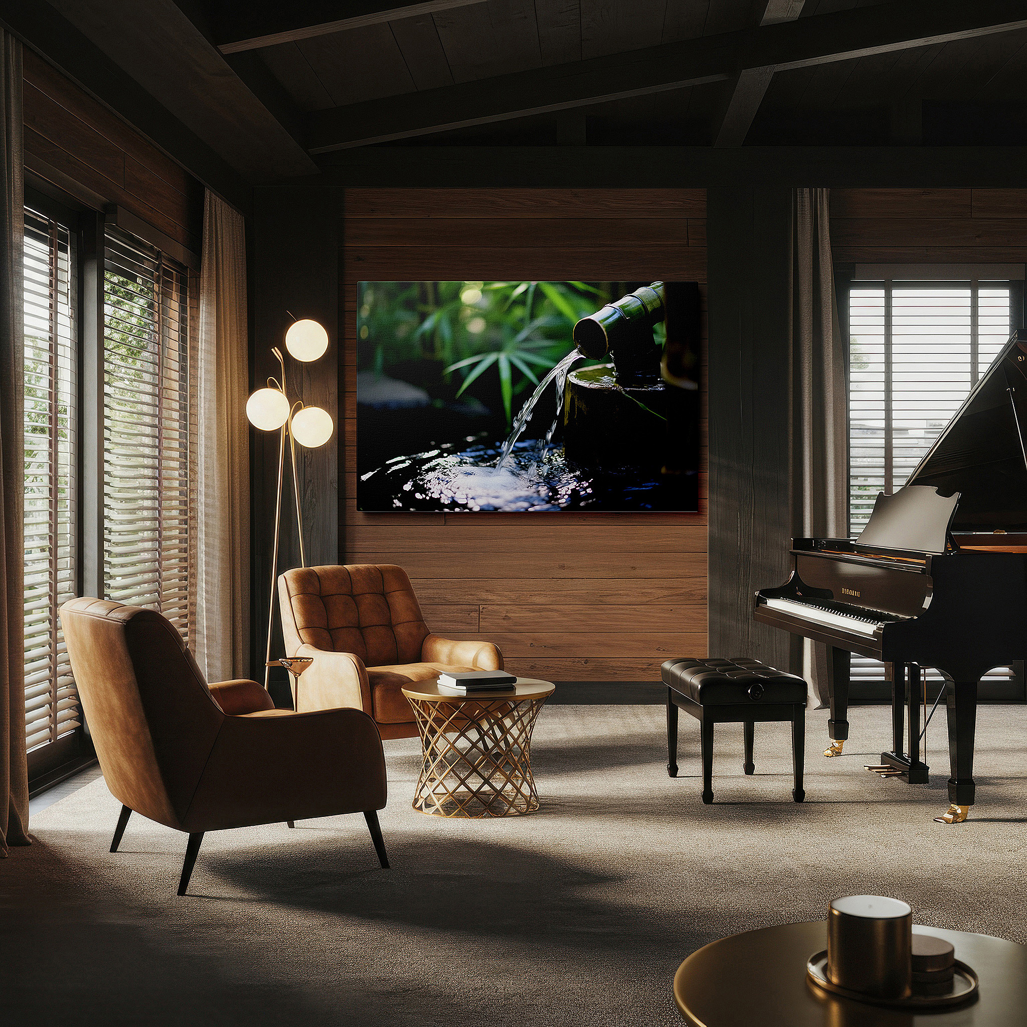 Aligned with a curated gallery wall of abstract artworks — wall art: serene bamboo water feature surrounded by vibrant greenery, sunlit garden oasis large canvas wall art for office decor