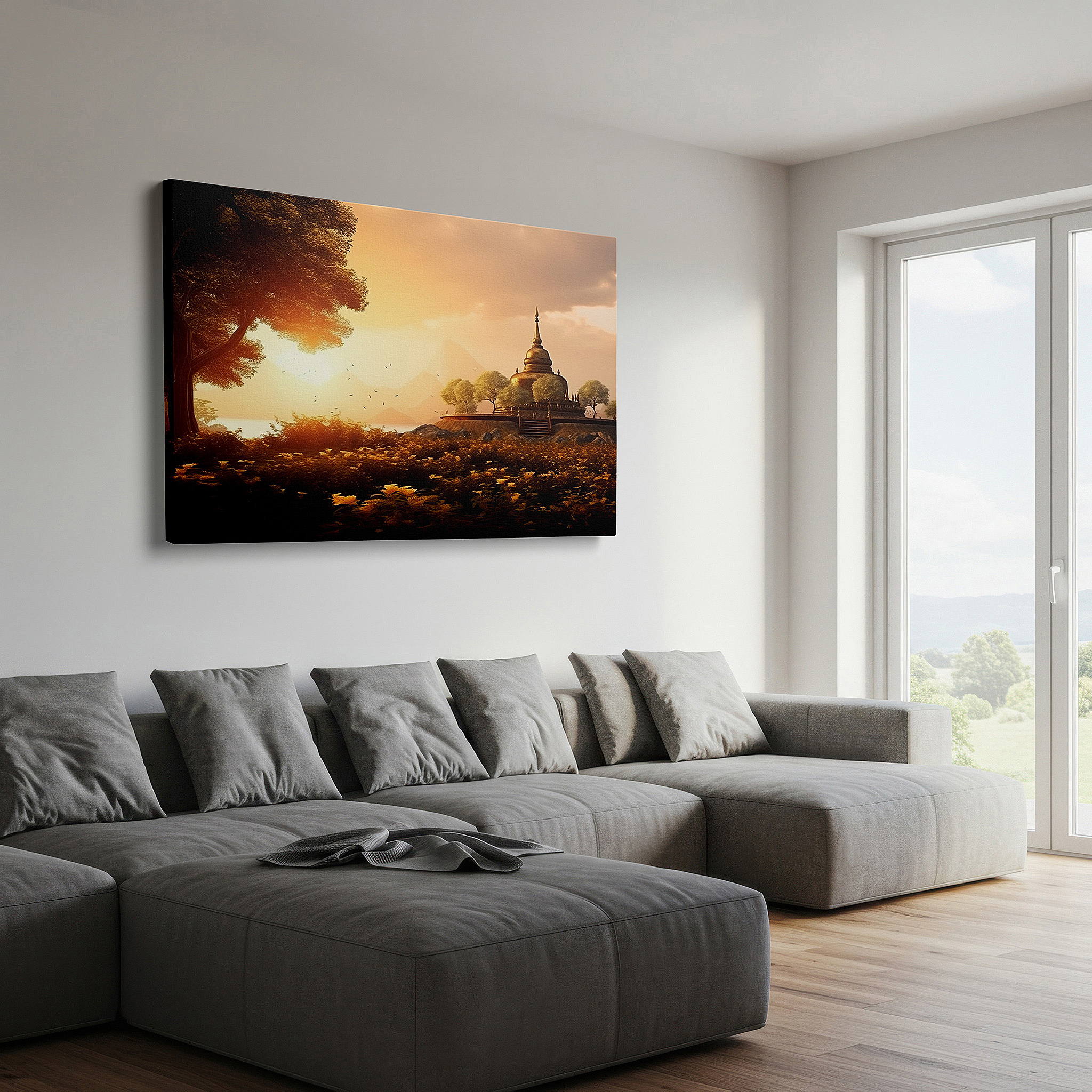 Aligned with a curated gallery wall of abstract artworks — wall art: serene temple in a verdant landscape at golden sunset - a haven of spiritual peace and architectural beauty, large canvas wall art decor.