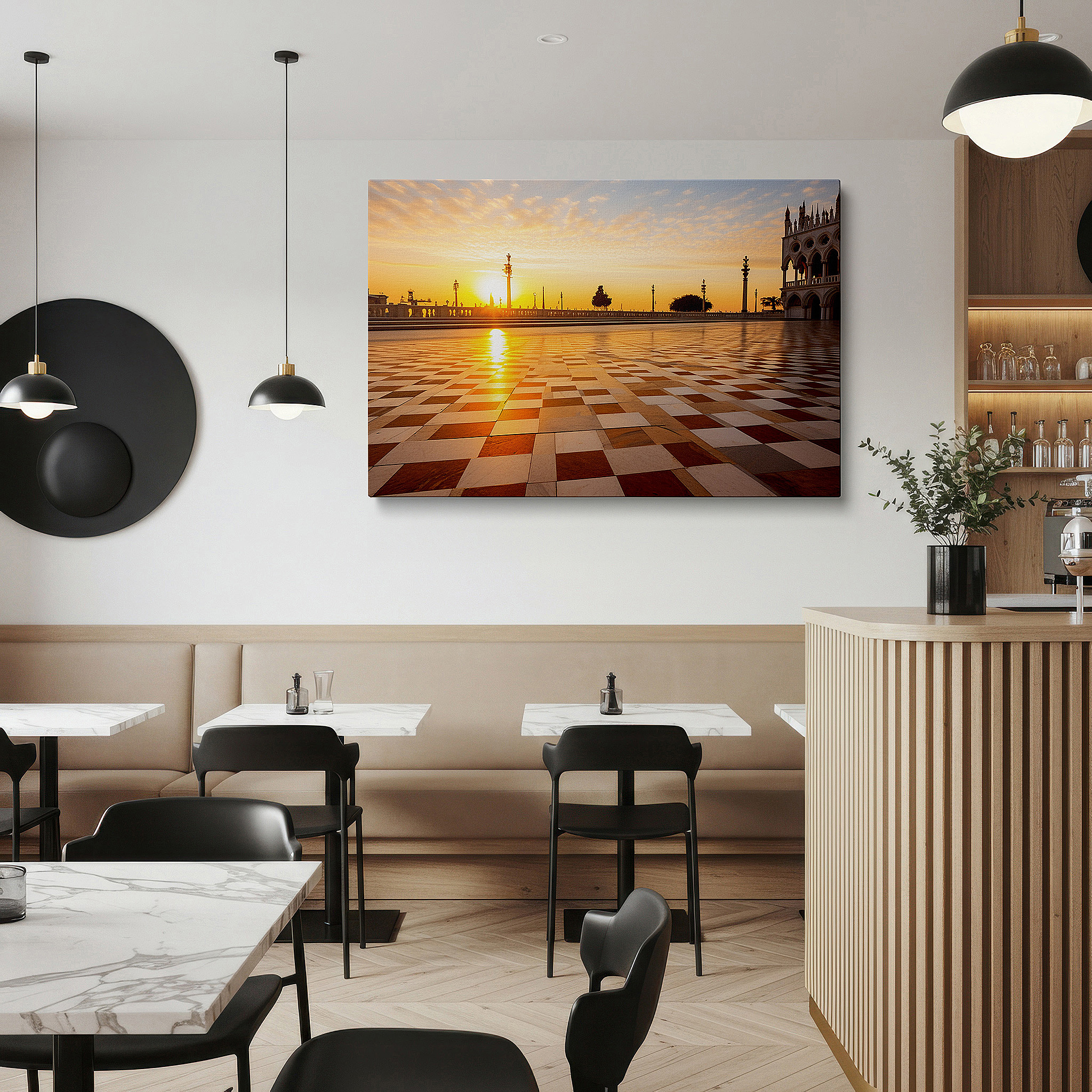 Aligned with a curated gallery wall of abstract artworks — wall art: sunset over piazza san marco - experience the historic beauty of venice with this large canvas art for office and bedroom decor