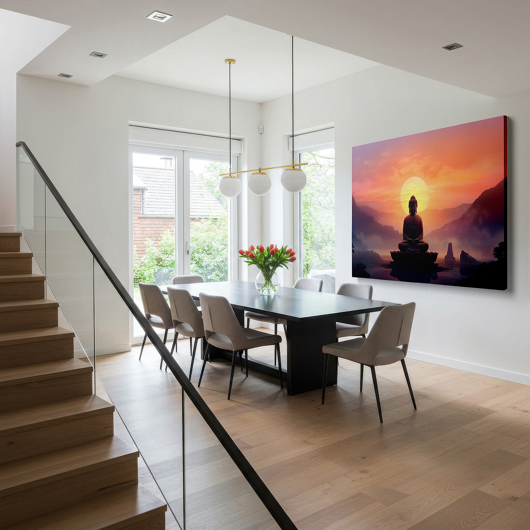 Aligned with a curated gallery wall of abstract artworks — wall art: tranquil dawn with buddha on a lotus - spiritual awakening amidst misty mountains - large canvas wall art for office and bedroom decor