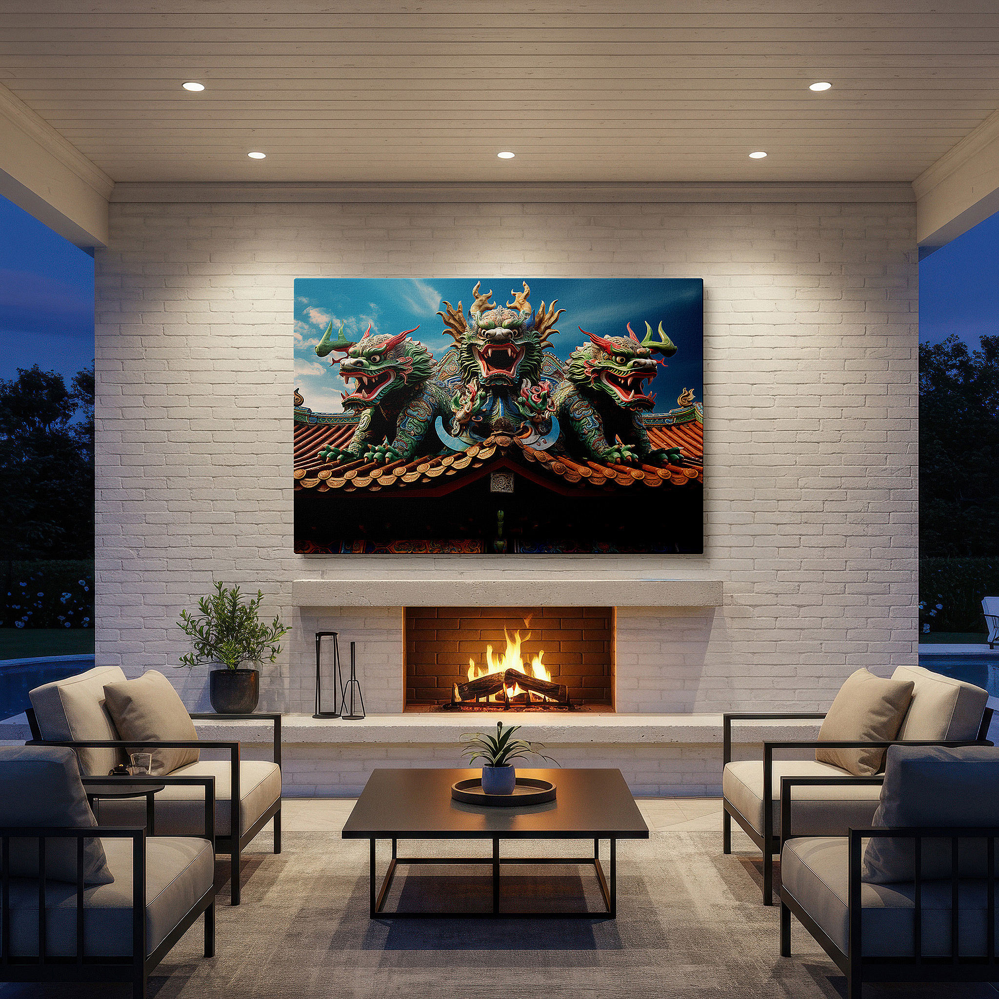 Aligned with a curated gallery wall of abstract artworks — wall decor: majestic dragons overseeing the temple roof, a fusion of artistic expression and timeless wisdom - large canvas art for office walls