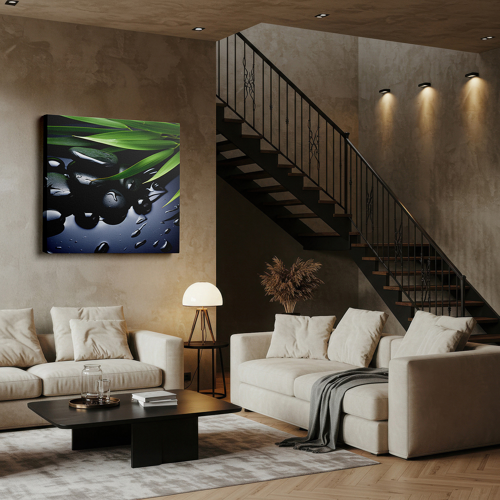 Aligned with a curated gallery wall of abstract artworks — wall decor: sleek black stones and lush green leaves with shiny water droplets - tranquil nature scene, large canvas art for home and office