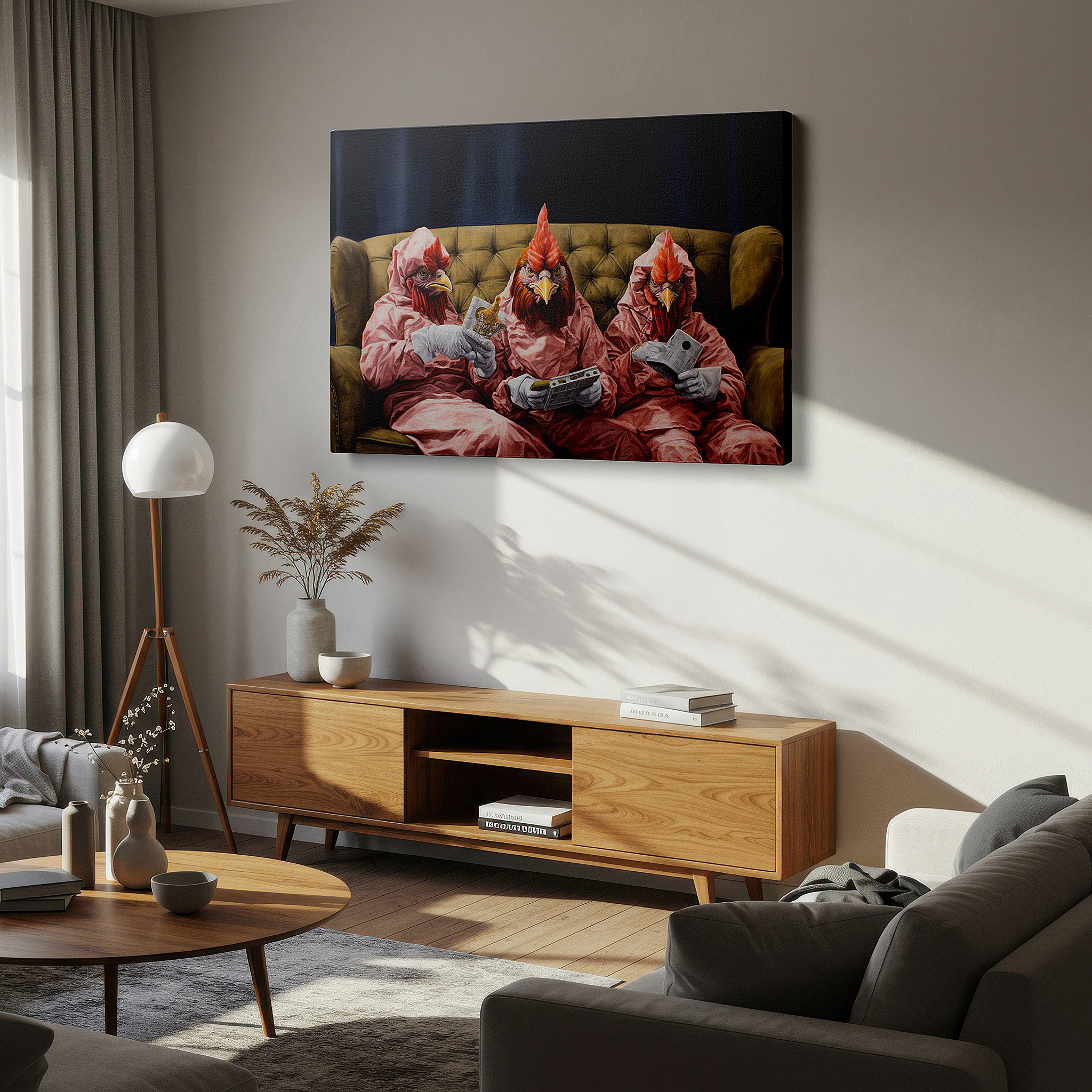 Aligned with a curated gallery wall of abstract artworks — whimsical chickens in pink pajamas playing video games - large canvas wall art for office, bedroom, and living room decor