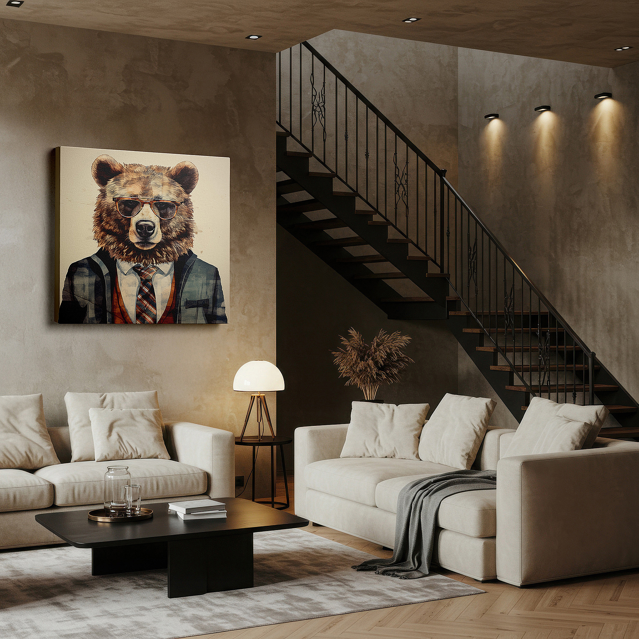 Aligned with a curated gallery wall of abstract artworks — whimsical sophistication: chic bear in suit and glasses - large canvas wall art for office, bedroom, and living room decor