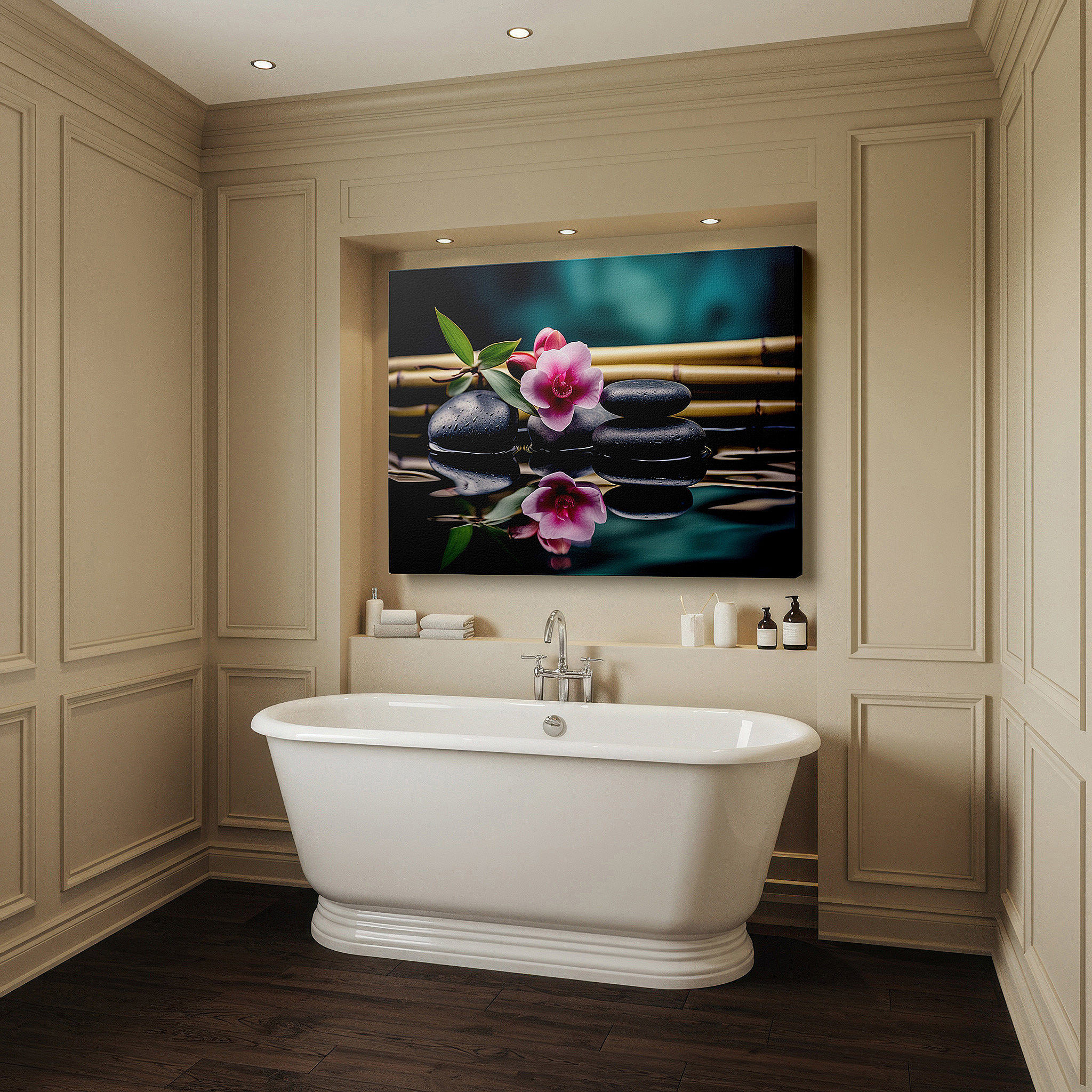 Aligned with a curated gallery wall of abstract artworks — zen garden wall art: serene harmony, tranquil stones, and reflective waters - large canvas for office and bedroom decor
