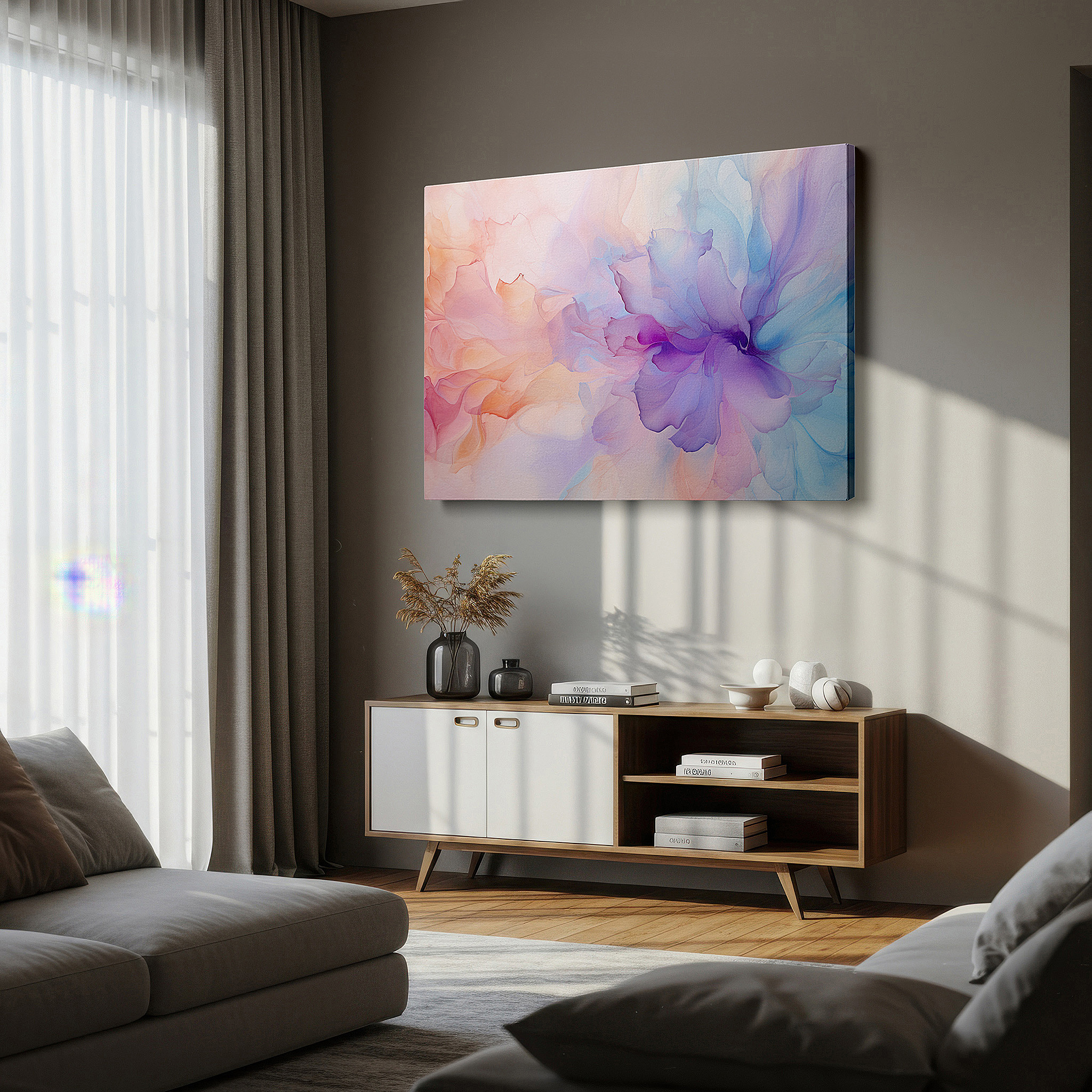 Available in 30×20 cm — a subtle addition to small personal spaces — abstract dreamy floral canvas with vibrant pastels and calming shapes, ideal for large wall decor in offices or bedrooms