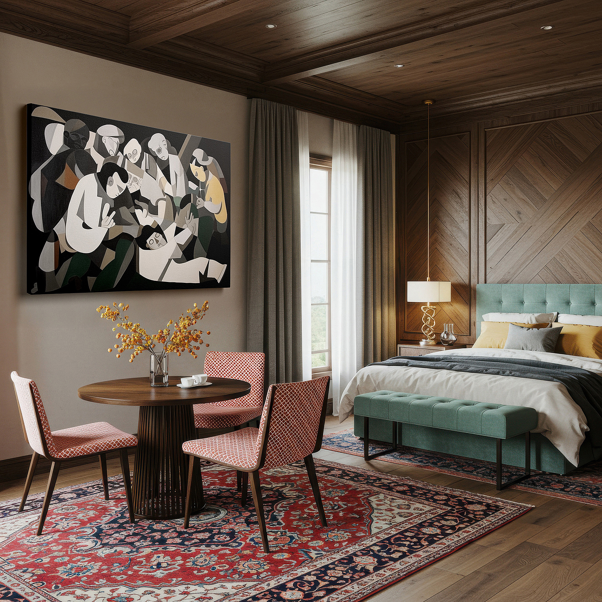 Available in 30×20 cm — a subtle addition to small personal spaces — abstract exploration of human connections in a vivid, fragmented style: large wall art, canvas wall art, wall decor for offices and bedrooms
