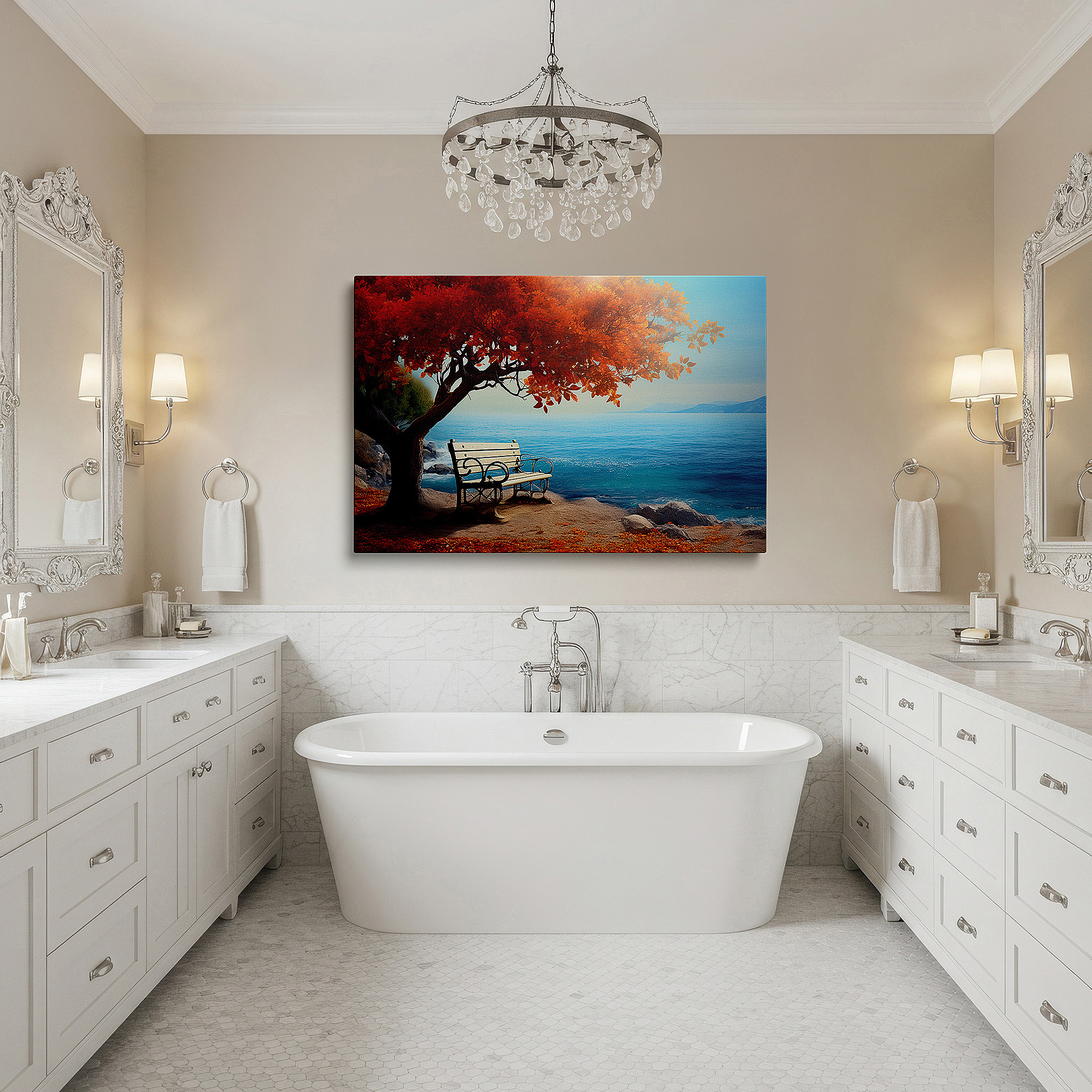 Available in 30×20 cm — a subtle addition to small personal spaces — autumn's glory by the tranquil sea - serene fusion of fiery leaves and calm waters, large wall art, canvas wall art, wall decor, office wall art