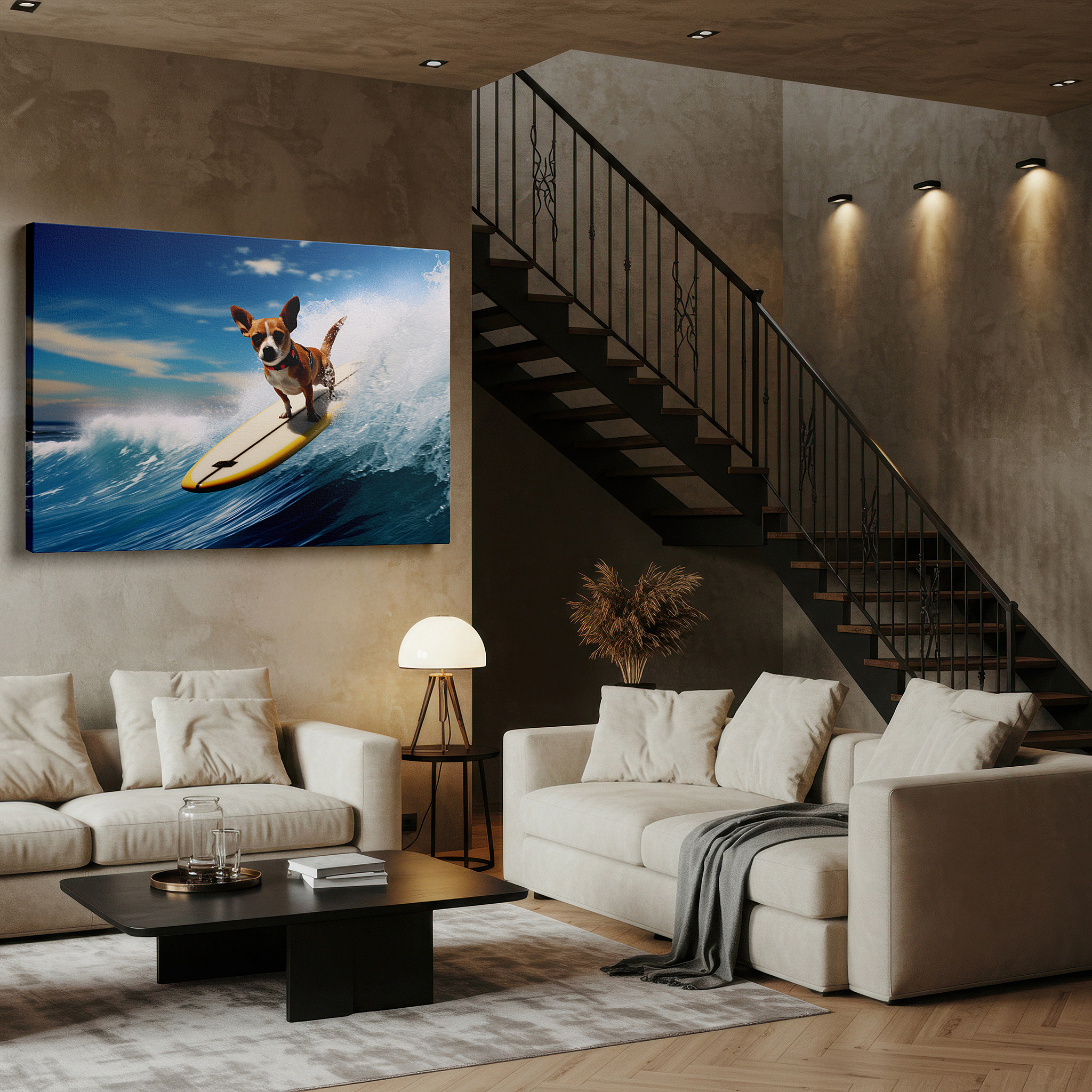 Available in 30×20 cm — a subtle addition to small personal spaces — chihuahua surfing on a yellow board among blue waves - large canvas wall art for office, bedroom, and living room decor