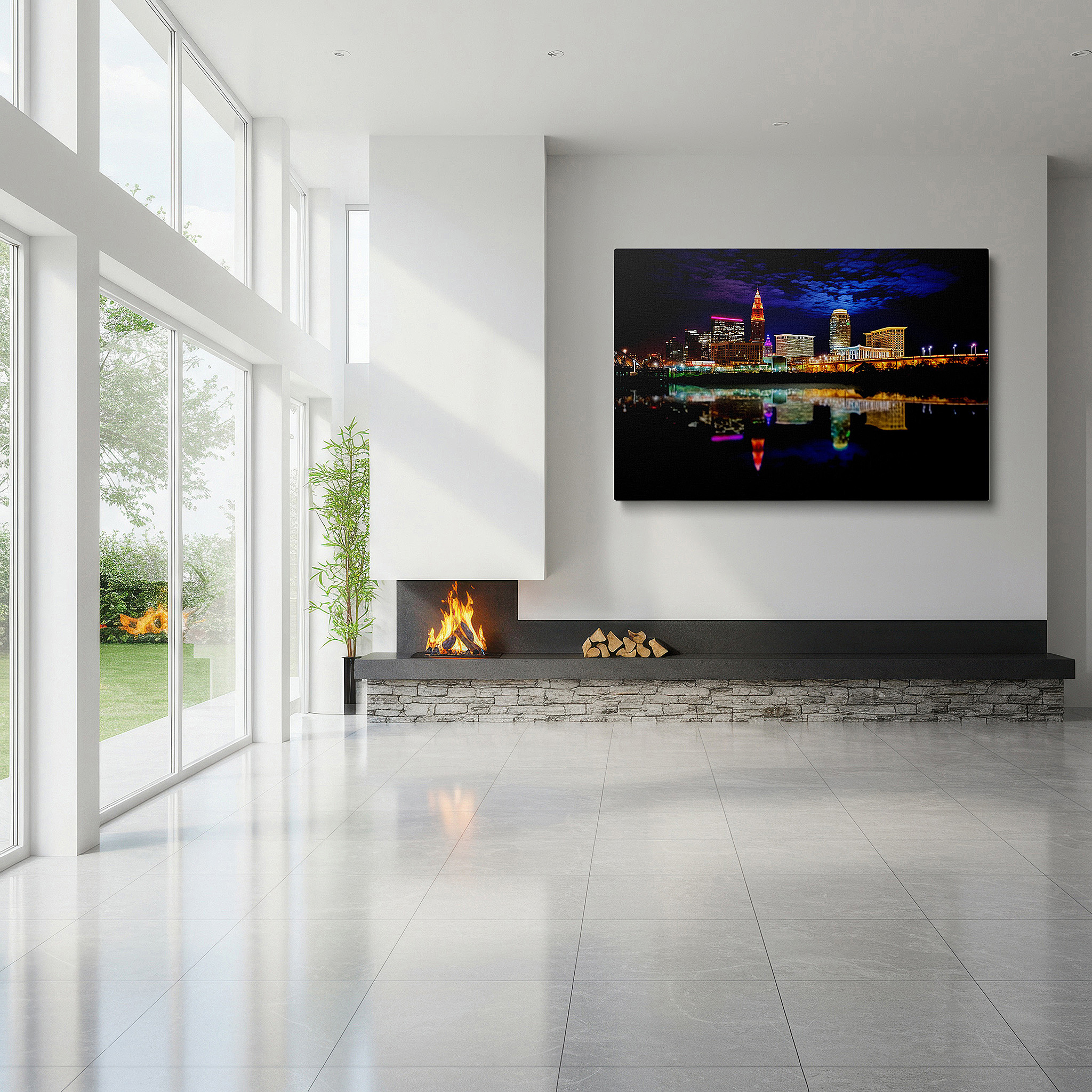 Available in 30×20 cm — a subtle addition to small personal spaces — cleveland's nighttime skyline: a vivid display of city lights and reflections - large wall art, canvas wall art, wall decor for office and bedroom