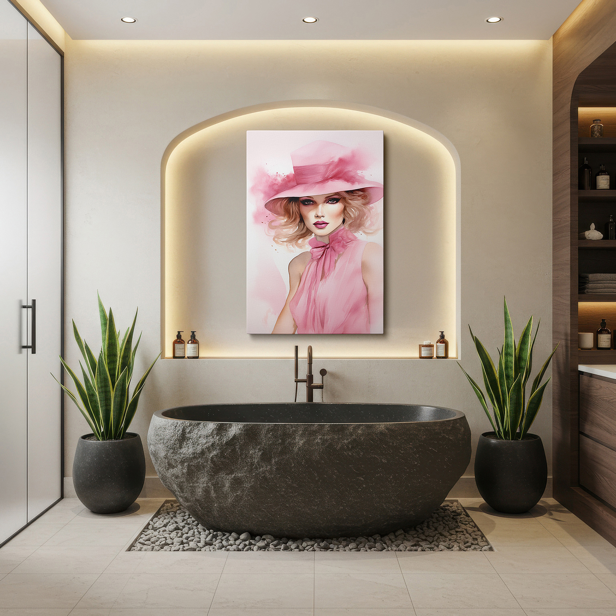 Available in 30×20 cm — a subtle addition to small personal spaces — contemporary feminine elegance in pink: a portrait of confidence and style - large canvas wall art for office and bedroom decor