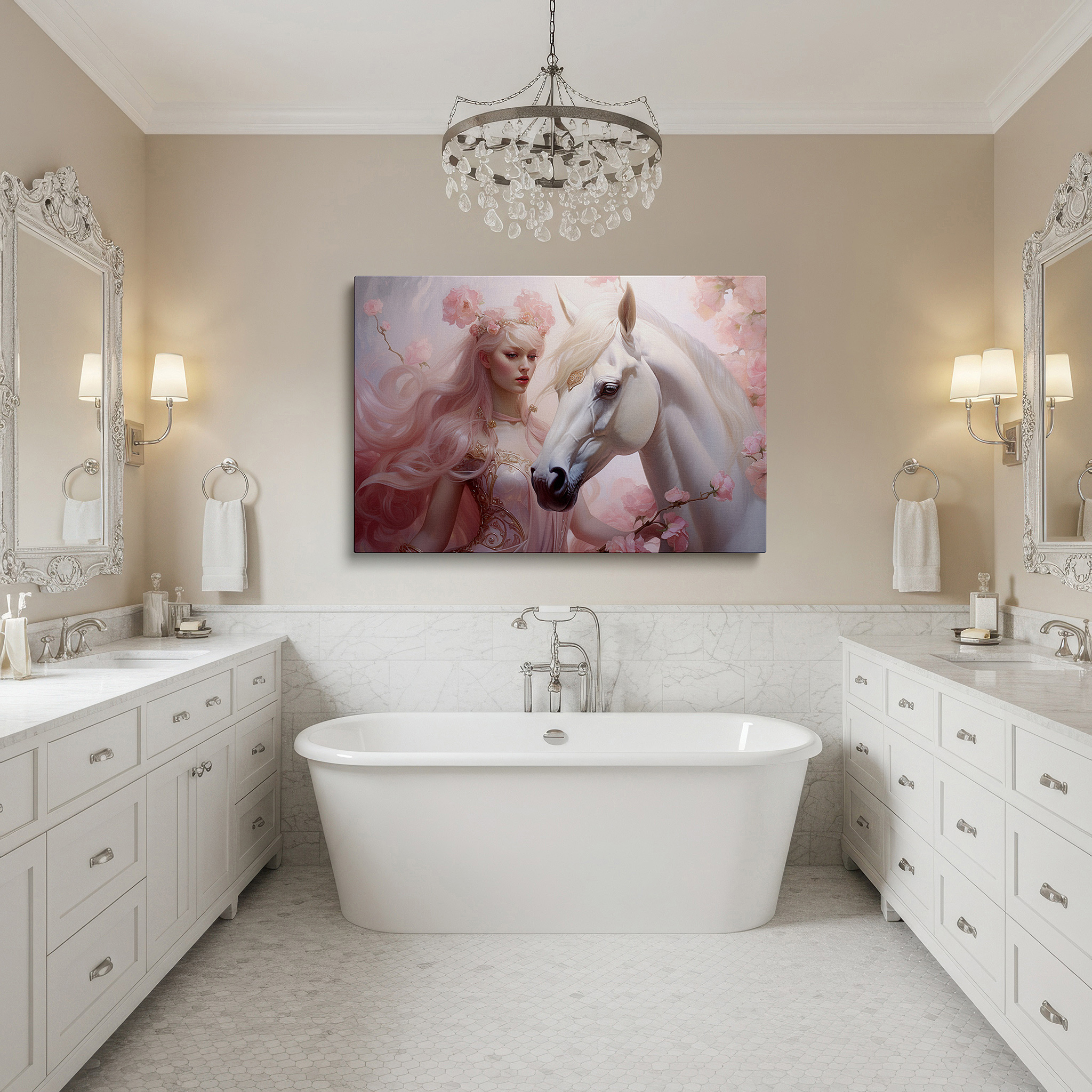 Available in 30×20 cm — a subtle addition to small personal spaces — dreamy pastel scene with serene woman and floral crown next to a white horse - large canvas wall art for bedroom and office decor