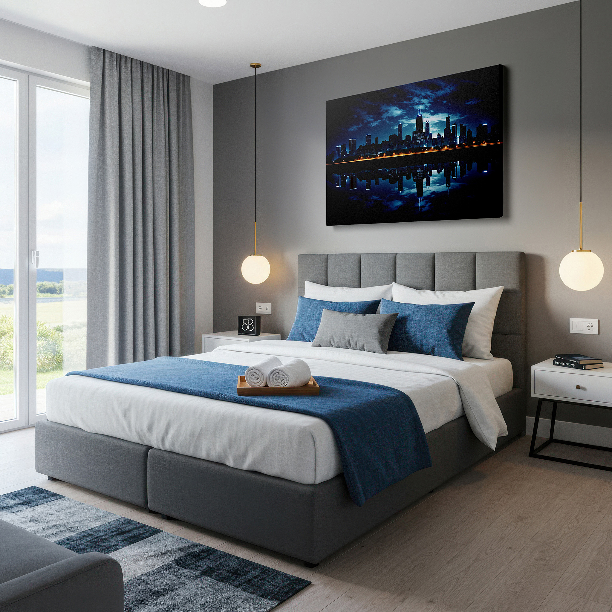 Available in 30×20 cm — a subtle addition to small personal spaces — dynamic chicago skyline at night with bright city lights and peaceful water reflections - large canvas wall art for office decor