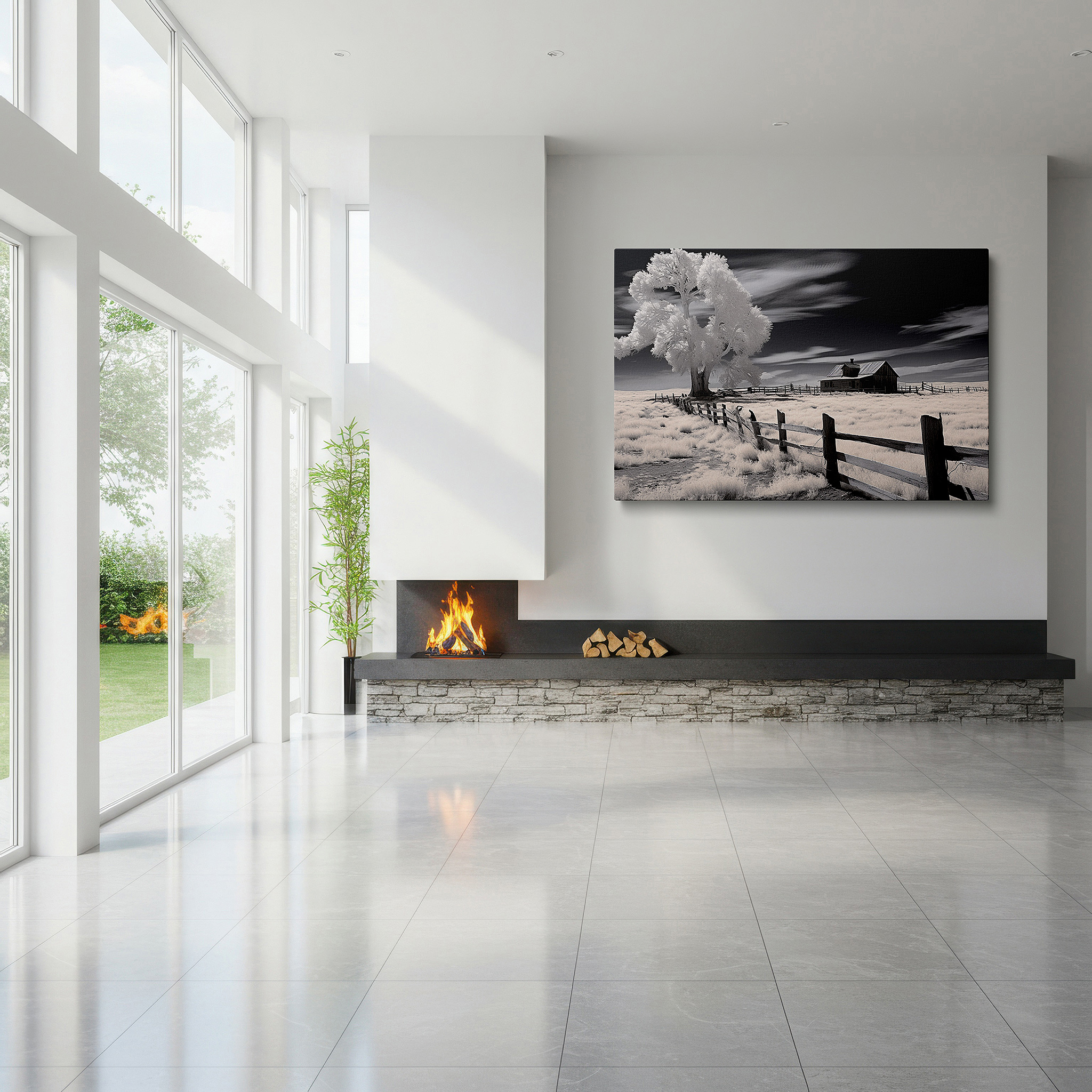Available in 30×20 cm — a subtle addition to small personal spaces — elegant and mysterious black and white scene - abandoned house with ghostly tree in stark landscape, large wall art, canvas print, home and office decor