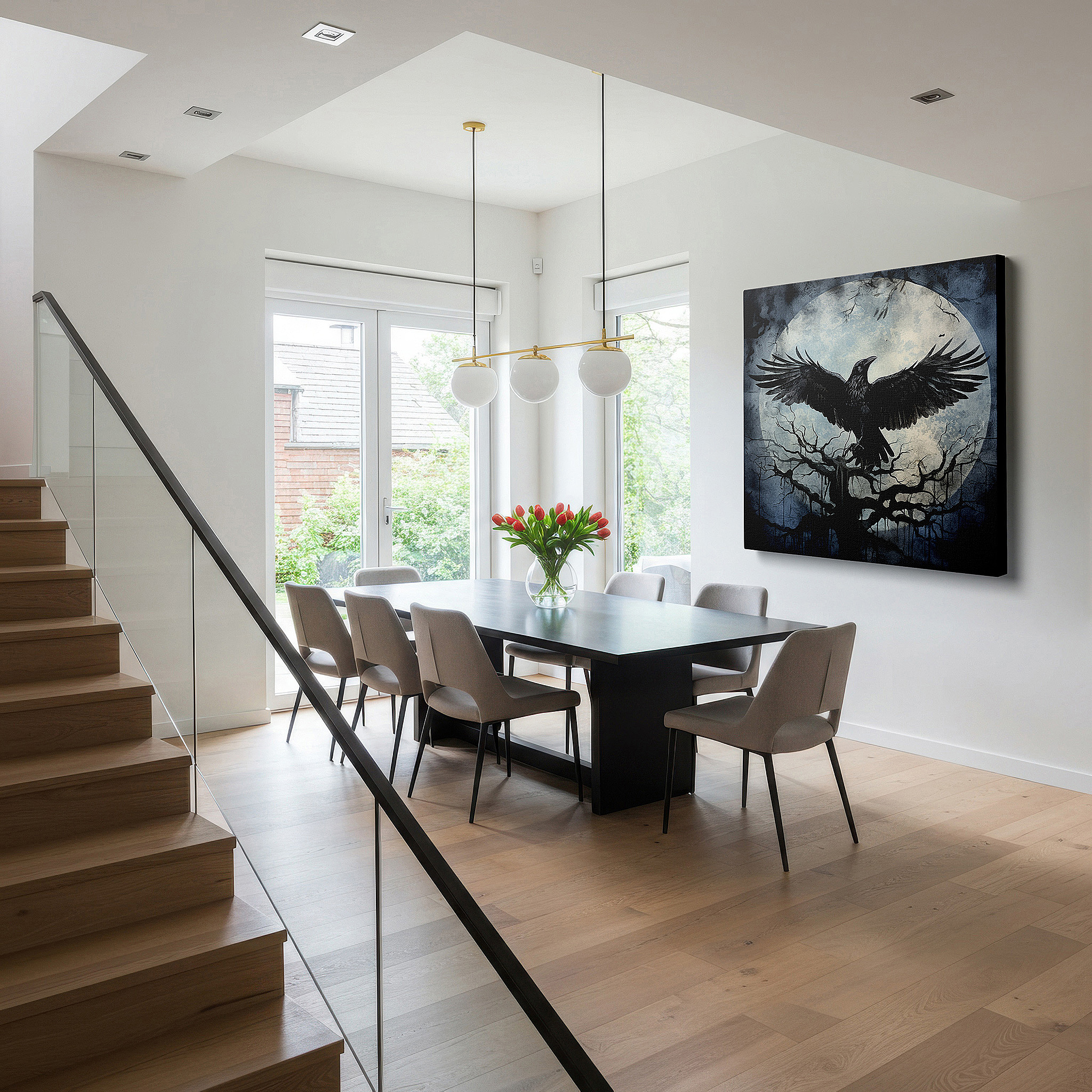 Available in 30×20 cm — a subtle addition to small personal spaces — enigmatic raven on a withered branch under a mystical moon - large canvas wall art for office and bedroom decor