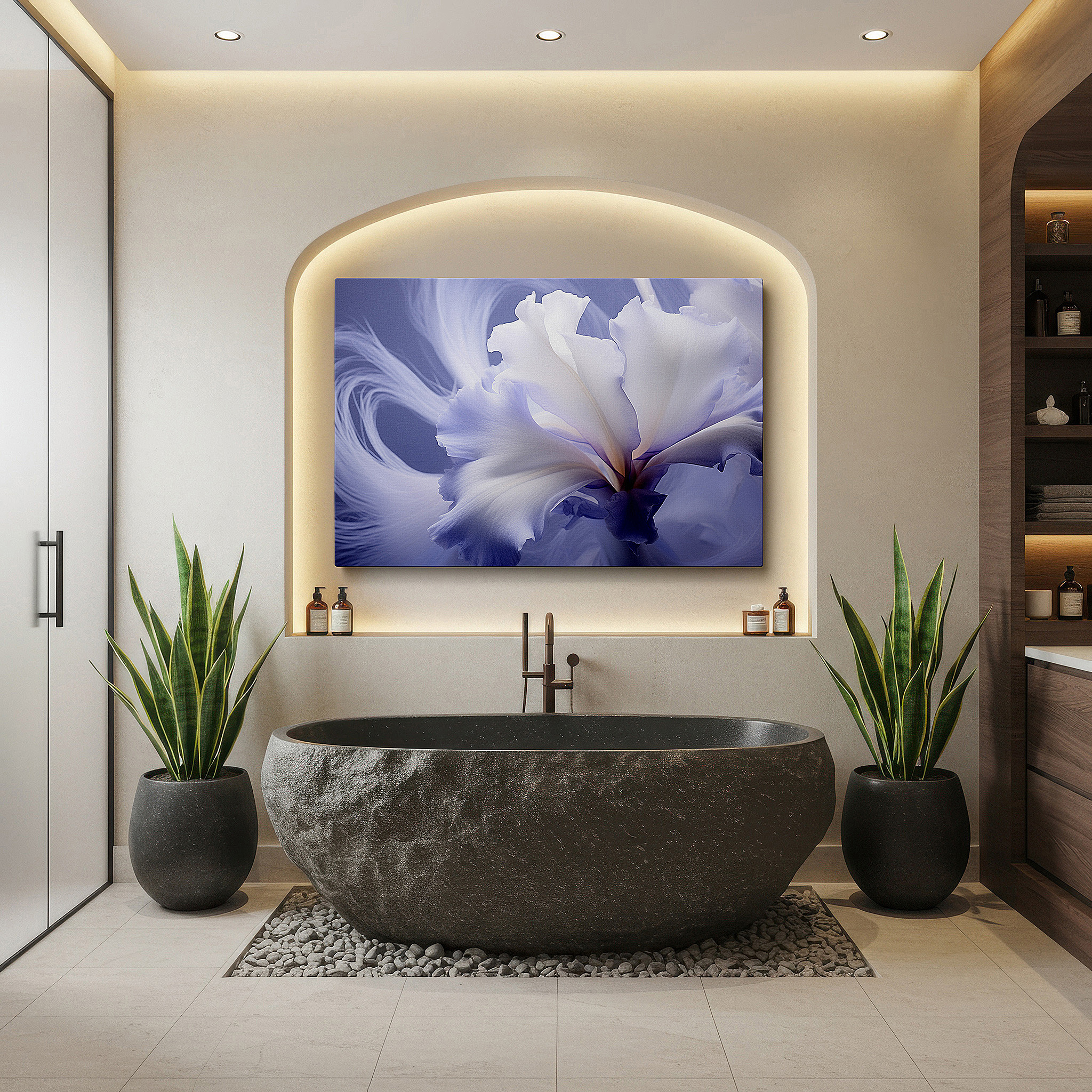 Available in 30×20 cm — a subtle addition to small personal spaces — ethereal light purple iris wall art for the office: a tranquil masterpiece of subtle beauty - large canvas wall decor