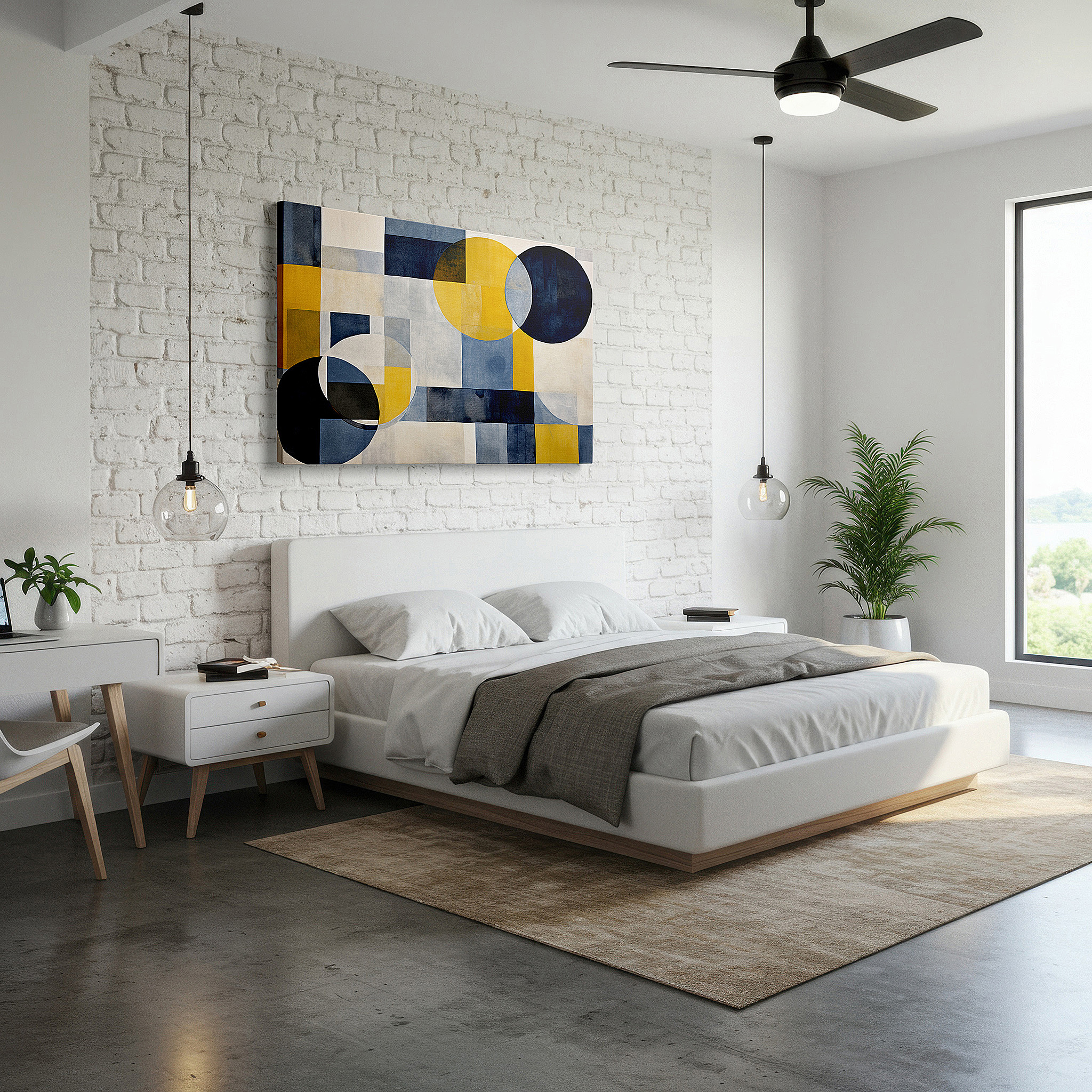 Available in 30×20 cm — a subtle addition to small personal spaces — geometric symphony in blues and yellows: large canvas wall art for office decor, balancing structure with spontaneity