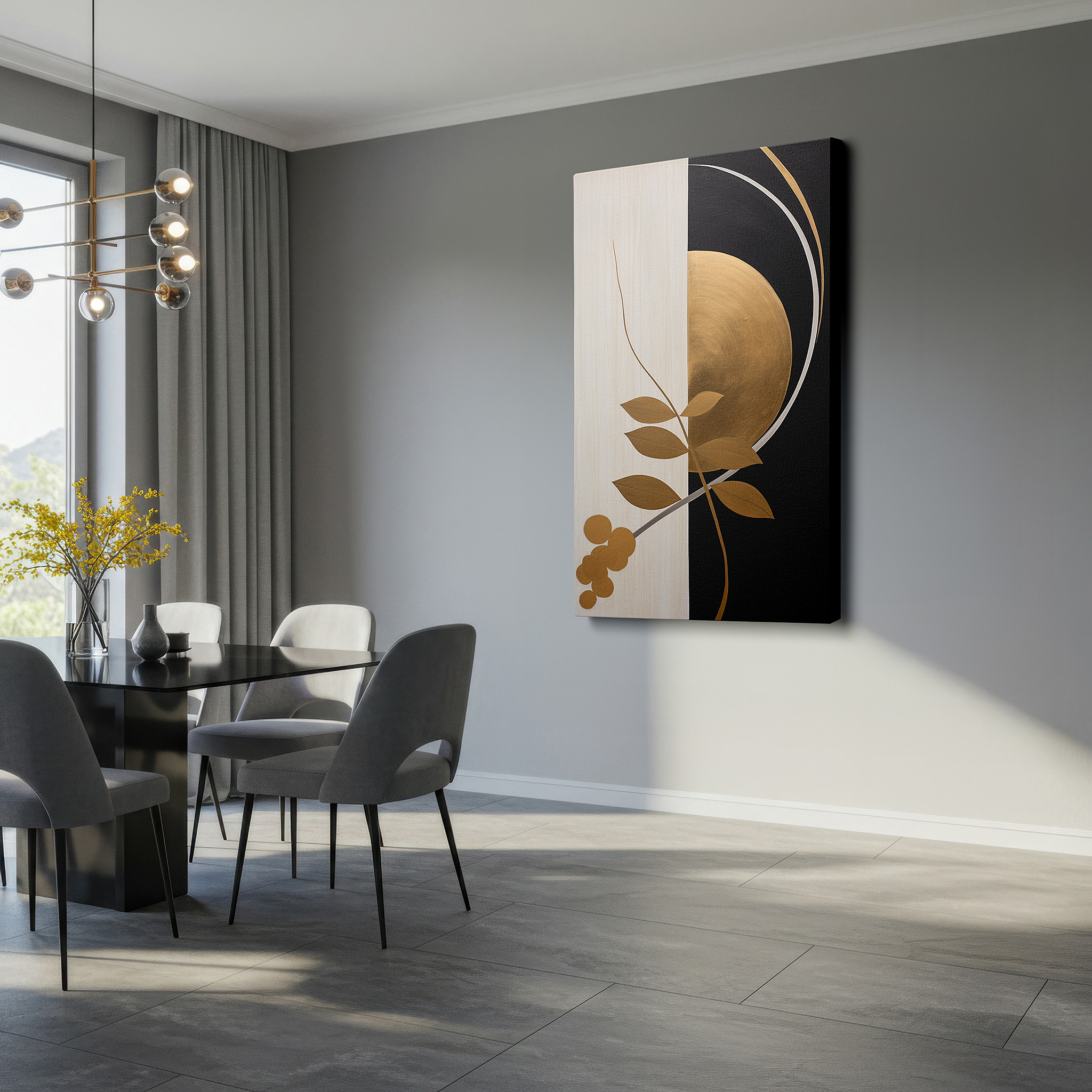 Available in 30×20 cm — a subtle addition to small personal spaces — golden leaves circle in a bold dance, merging elegance with dramatic contrast - large wall art, canvas wall art, wall decor, office wall art