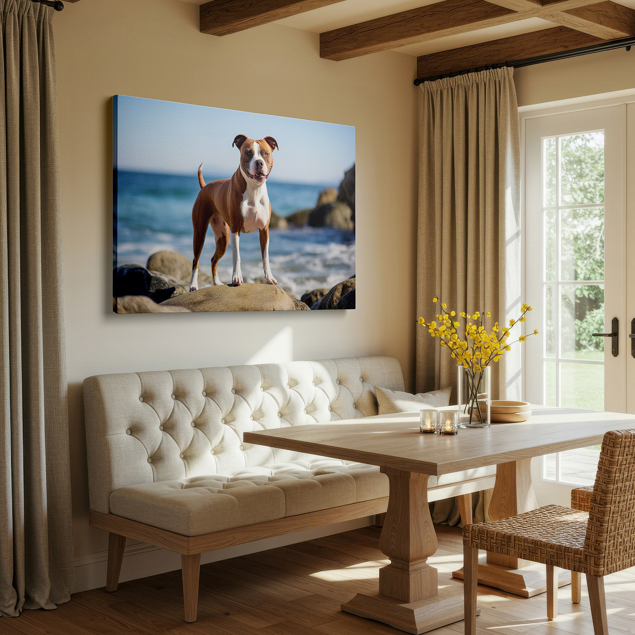 Available in 30×20 cm — a subtle addition to small personal spaces — joyful dog by the ocean: capturing the essence of happiness, freedom, and serene natural beauty - large wall art, canvas wall art, wall decor, office wall art