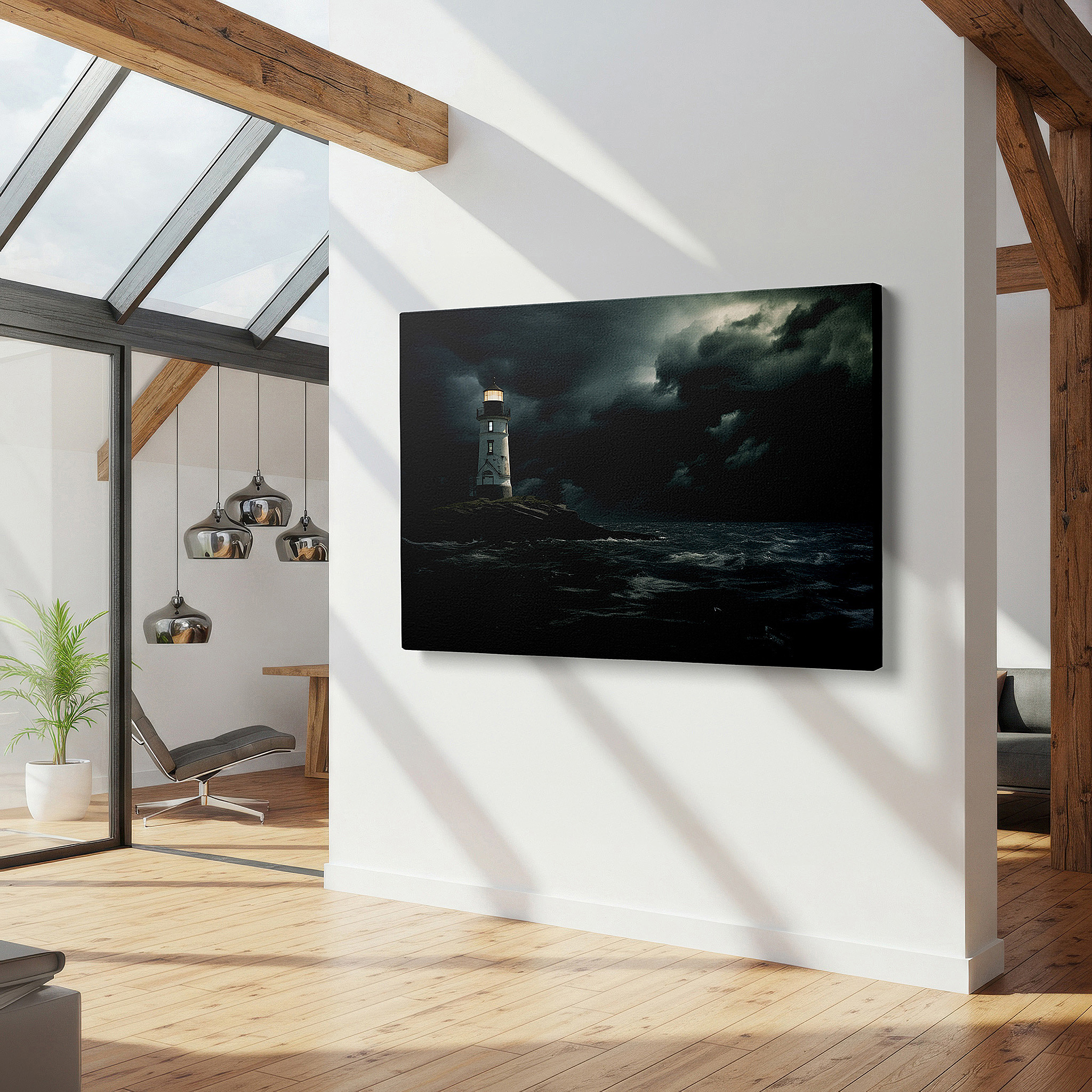 Available in 30×20 cm — a subtle addition to small personal spaces — lighthouse amidst stormy seas wall art - symbolizing resilience and hope, perfect for home or office decor, available as large canvas