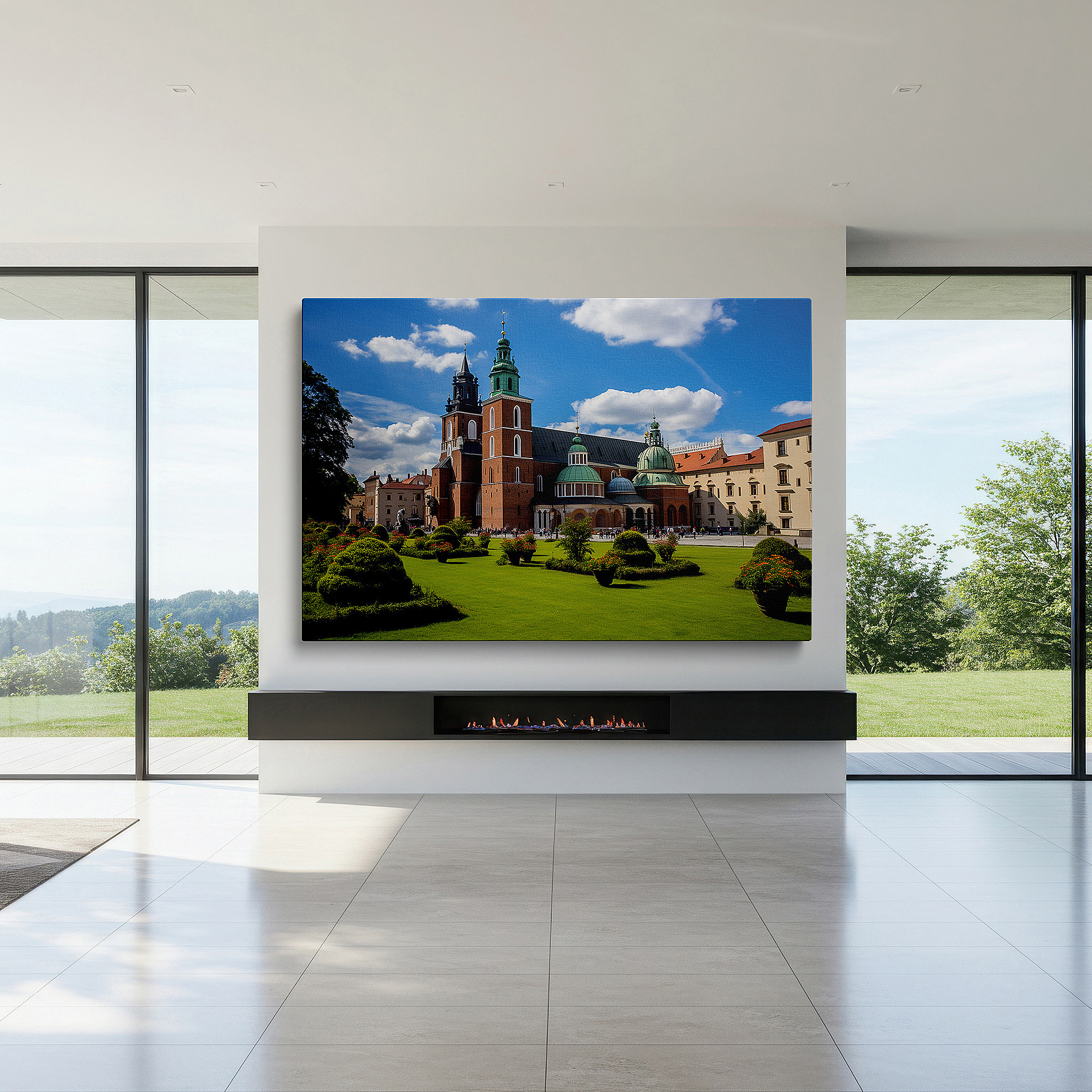 Available in 30×20 cm — a subtle addition to small personal spaces — majestic cathedral surrounded by lush gardens beneath a tranquil blue sky large wall art, canvas wall art, wall decor for office and bedroom